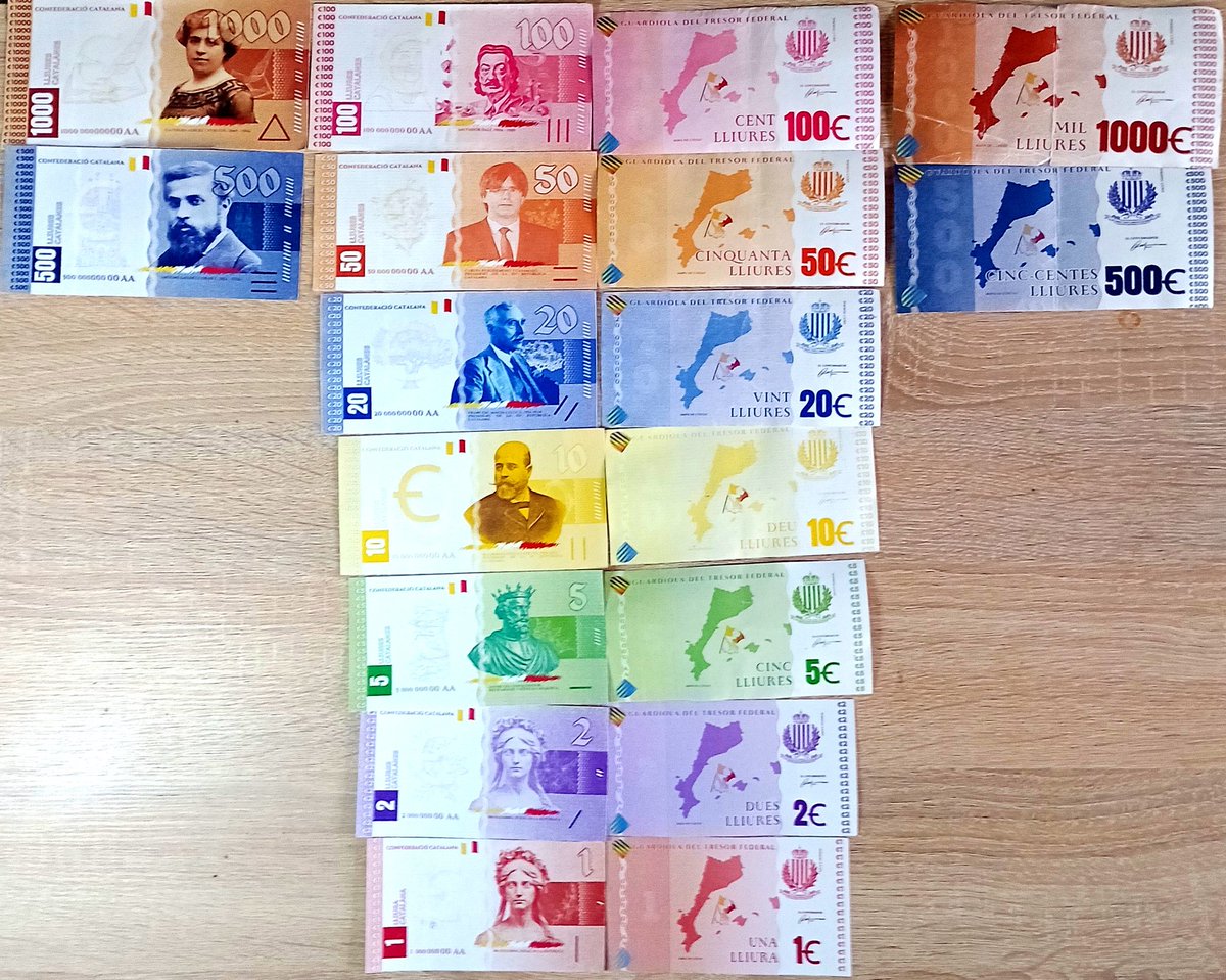 AssembleaRepCat's tweet image. 🏛️💵 | #LliuraCatalana
🟡⚪🔴

Us presentem els facsímils del projecte de la moneda social de la #ConfederacióCatalana, la lliura catalana (Ꞓ).

1️⃣ Hi han nou escales amb els valors nominals d'1, 2, 5, 10, 20, 50, 100, 500 i 1.000 lliures (Ꞓ).
2️⃣ Seran paritàries amb l'euro,…