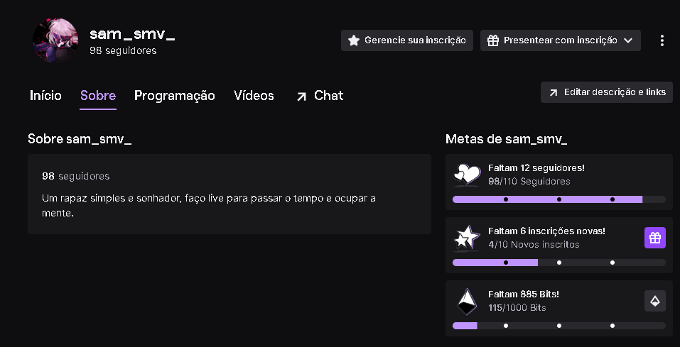 Estou tão animado, falta pouquinho para 100 seguidores!!!

Quem quiser dar uma forcinha.

twitch.tv/sam_smv_