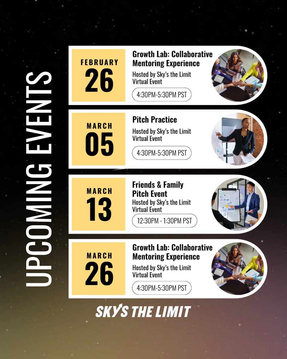 Feeling the pull towards growth but unsure where to start?
​
Join our community and participate in these exclusive events to unlock your entrepreneurial potential → hubs.la/Q037Spl80

#SkysTheLimit #STL #Entrepreneurship #Mentorship #BusinessGrowth