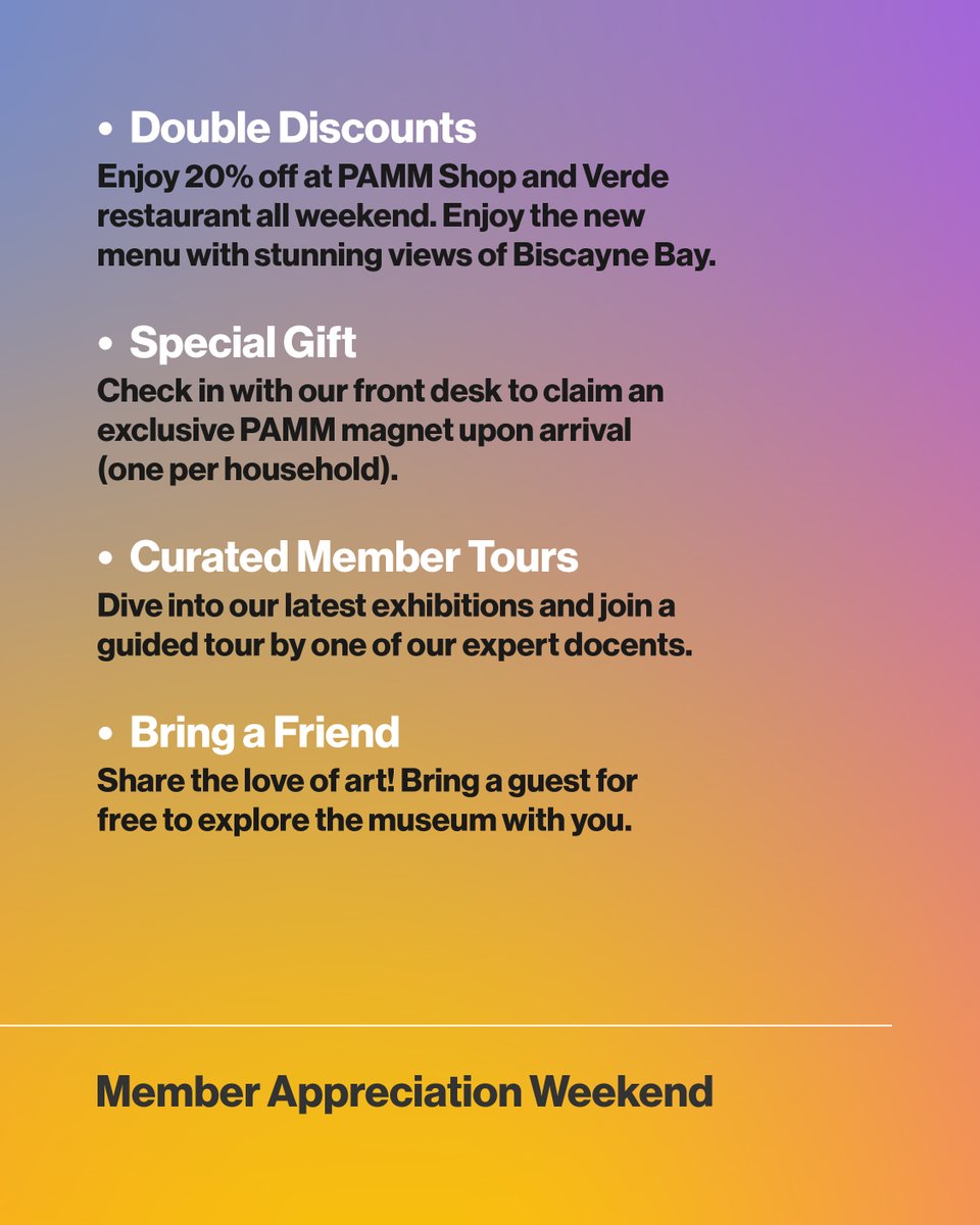 pamm's tweet image. PAMM members, this is for you! 📣✨
From Feb 28-Mar 3, we’re celebrating Member Appreciation Weekend with double discounts, exclusive perks, and more! Join now to extend your membership by an additional three months. Use promo code 01MAW25.
Learn more: bit.ly/4b9tm8c