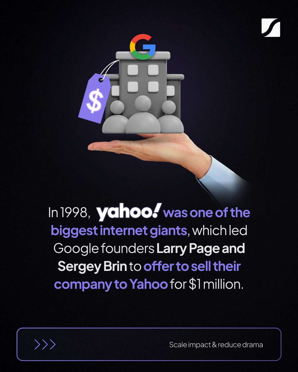 ScaleUpWithGI's tweet photo. Did you know that Yahoo! had the chance to buy Google for just $1 million… and let it slip away?

Today, Google is worth over $1.7 trillion. But the story doesn’t end there—years later, Yahoo! also passed on the opportunity to acquire Facebook.

❌ Two missed opportunities. Two https://t.co/ADoog3vwIu