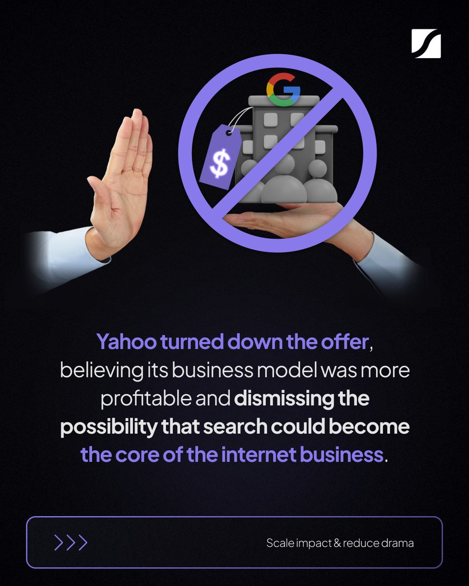 ScaleUpWithGI's tweet photo. Did you know that Yahoo! had the chance to buy Google for just $1 million… and let it slip away?

Today, Google is worth over $1.7 trillion. But the story doesn’t end there—years later, Yahoo! also passed on the opportunity to acquire Facebook.

❌ Two missed opportunities. Two https://t.co/ADoog3vwIu
