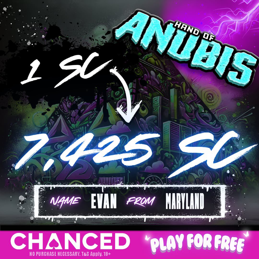 😱 Evan from Maryland just turned 1 SC into a 7,425 SC on HAND OF ANUBIS!  🔥

💸 Want a shot at some bonus SC? We’re giving away 5 SC to 5 lucky winners! 🤑 Here’s how to enter:

1️⃣ LIKE + RT this post
2️⃣ COMMENT Congratulations to Evan!
3️⃣ FOLLOW us!

Good luck! 🍀