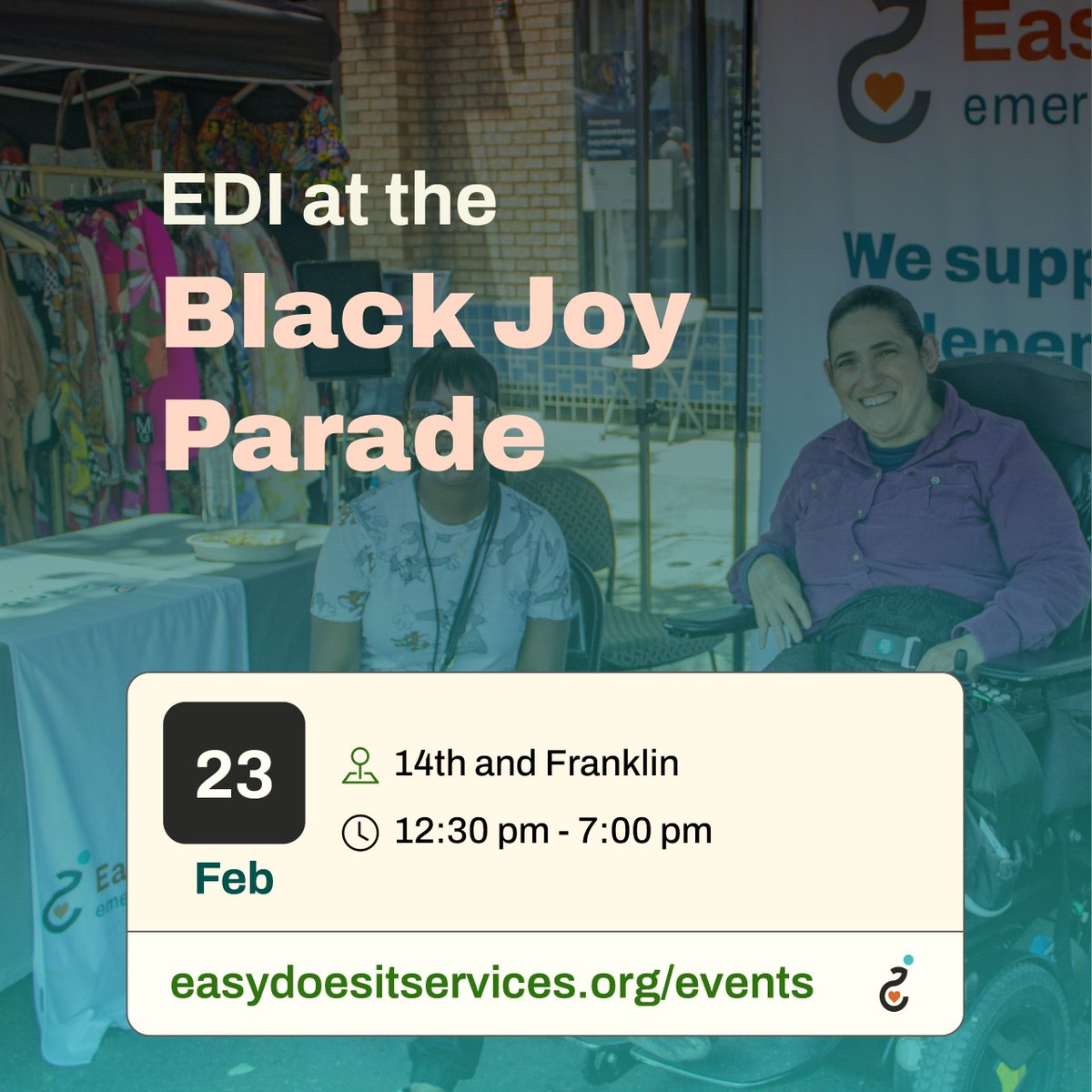 EasyDoesIt_ES's tweet photo. This Sunday, we'll be tabling for our first time at The Black Joy Parade, a celebration of the Black experience and community's contribution to history and culture. We'll be there to connect attendees with our safety net services that help our clients live as they choose. https://t.co/yc1NkvUn8o
