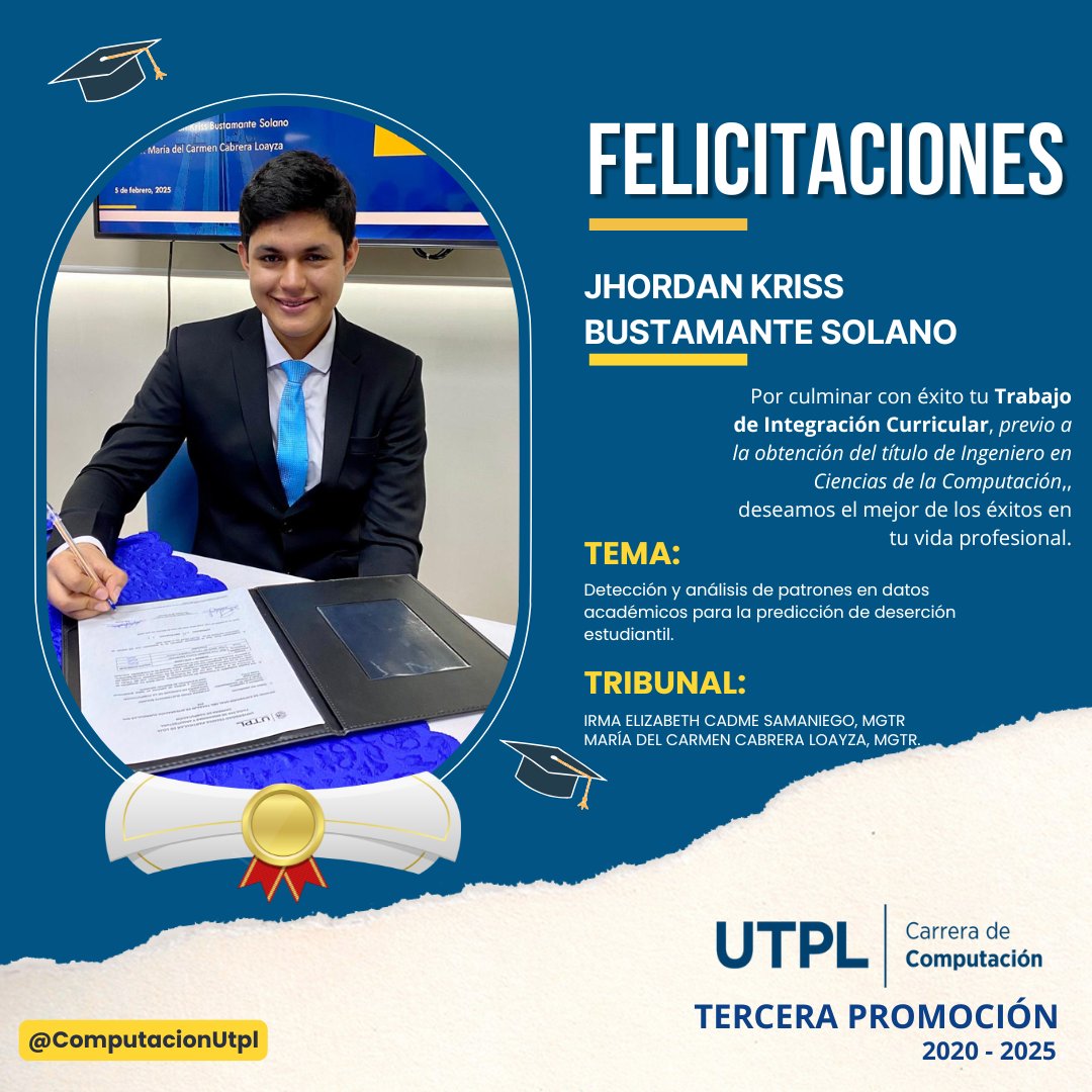 🎉 ¡Un paso más hacia el éxito! 👨‍🎓 Jhordan Kriss Bustamante Solano ha demostrado su compromiso y excelencia en la defensa de su Trabajo de Integración Curricular. ¡Felicitaciones! 🎓💻 #ComputaciónUTPL #Loja <a href="/utpl/">🎓 UTPL</a> <a href="/krmita/">Ma. Carmen Cabrera-Loayza 👩🏻‍💻 🇪🇨</a> <a href="/Elizita/">Eli Cadme</a>