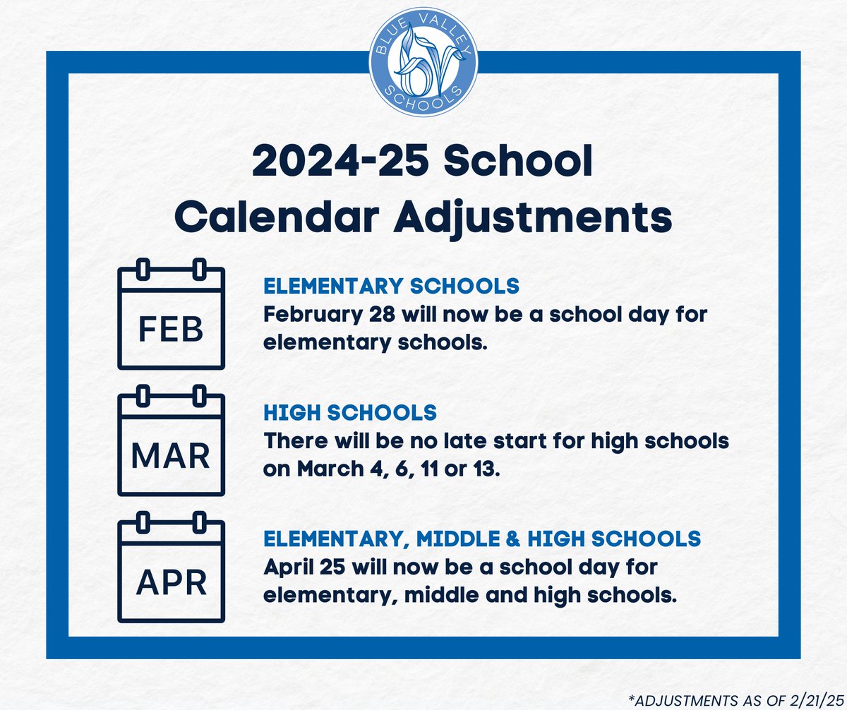 After experiencing an unprecedented number of inclement weather days this winter, Blue Valley Schools is making necessary adjustments to ensure compliance with state instructional time requirements while maintaining our long-standing goal of ending the school year by Memorial