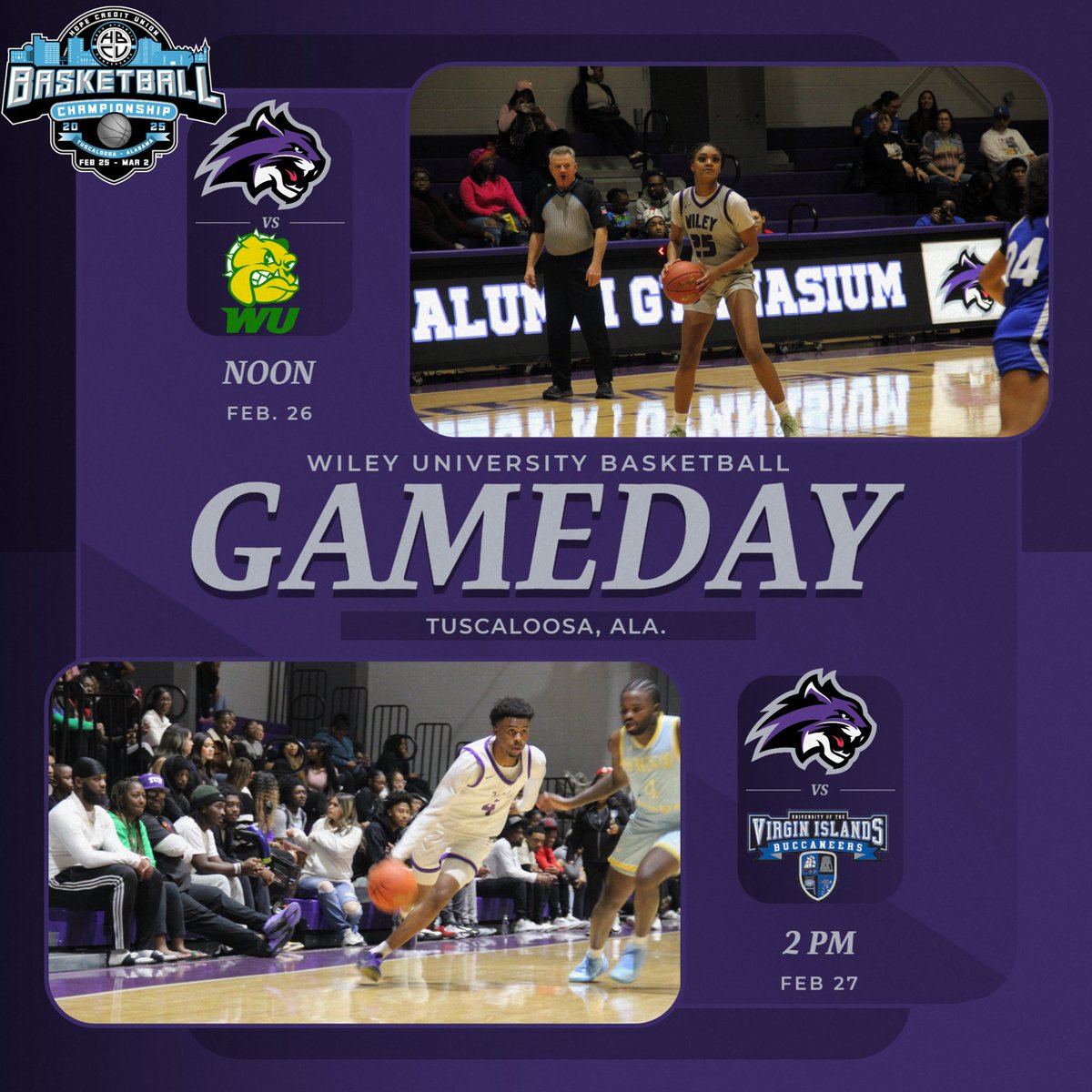 The matchups our set! <a href="/wiley_wbb/">wiley_wbb</a> earned the No. 6 seed and will face No. 11 <a href="/WUAthletics1856/">Wilberforce Athletics</a> at noon on Wednesday. <a href="/Wiley_Mbb/">Wiley University Men’s Basketball</a> earned the ninth seed and faces No. 8 <a href="/UVI_Athletics/">University of the Virgin Islands Buccaneers</a> at 2 p.m. on February 27. 
#FeartheClaws #WhereWinnersThrive #GoForthInspired