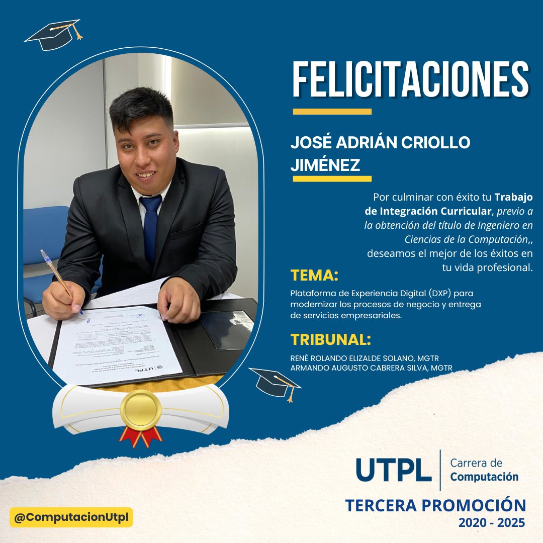 👨‍💻🎉 Felicidades a José Adrián Criollo Jiménez por su destacada defensa de su Trabajo de Integración Curricular de fin de carrera. ¡El esfuerzo da frutos! 🚀🎓 #ComputaciónUTPL #Loja <a href="/utpl/">🎓 UTPL</a>
 <a href="/aacabrera/">Armando Cabrera Silva</a> <a href="/reroes/">René Elizalde Solano</a>