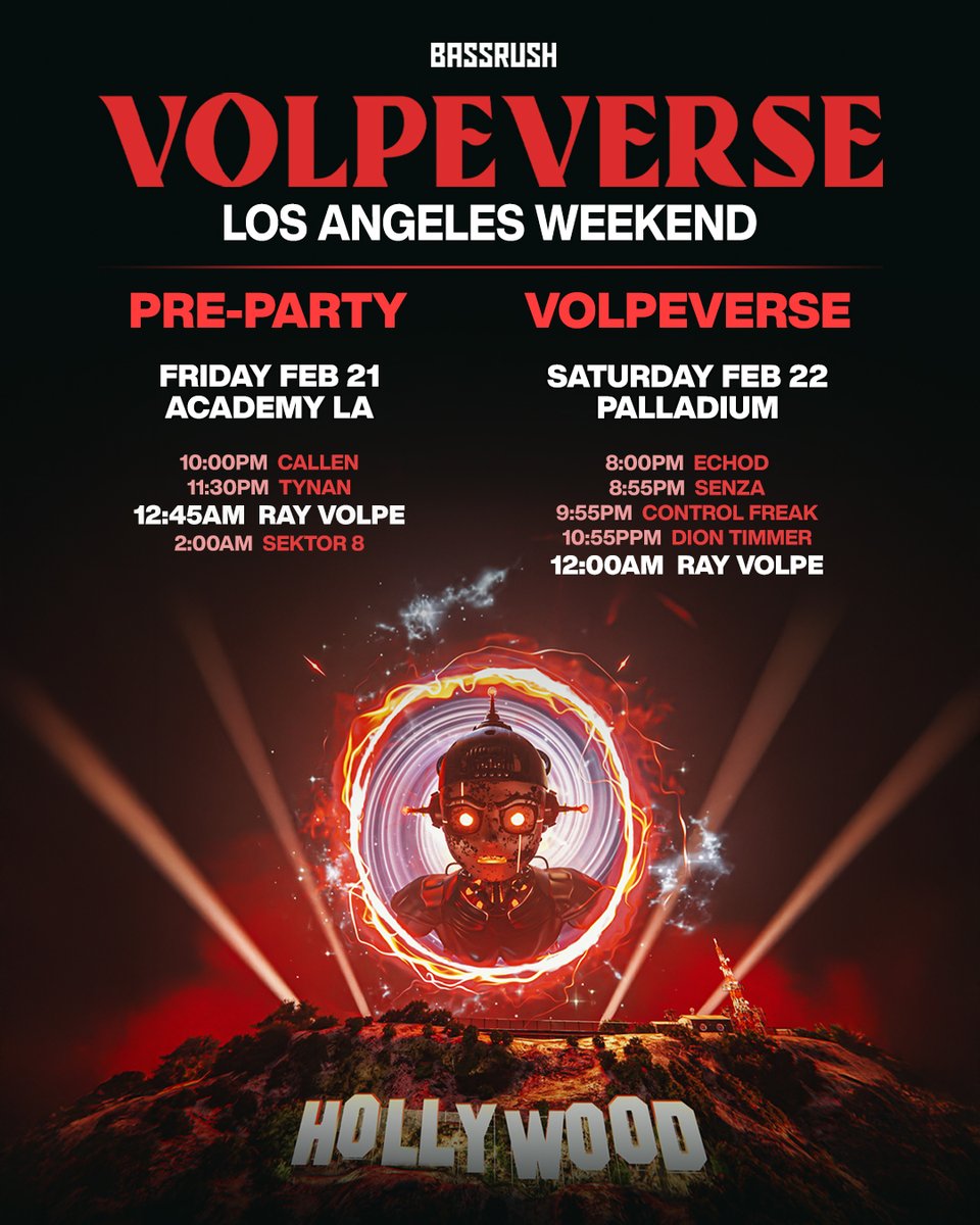 LOS ANGELES HERE ARE YOUR SET TIMES FOR THIS MASSIVE SOLD OUT WEEKEND 🫵🏻

PRE-PARTY - ACADEMY LA
AUDIO/VISUAL SHOW - HOLLYWOOD PALLADIUM

MEET &amp; GREET AFTER PALLADIUM SET

i can't believe volpeverse is almost over, see you soon ❤️