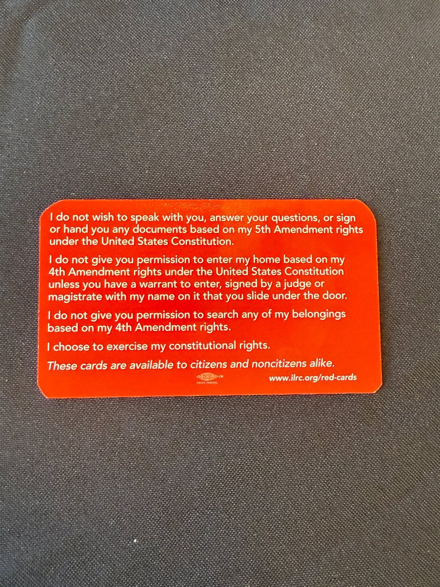 FaatiTheStreet's tweet photo. ICE has been complaining that people are too educated and it is making their job harder. You can buy red cards with information for people dealing with immigration services at: https://t.co/zu7WNytooW https://t.co/V0LhrbDtNN
