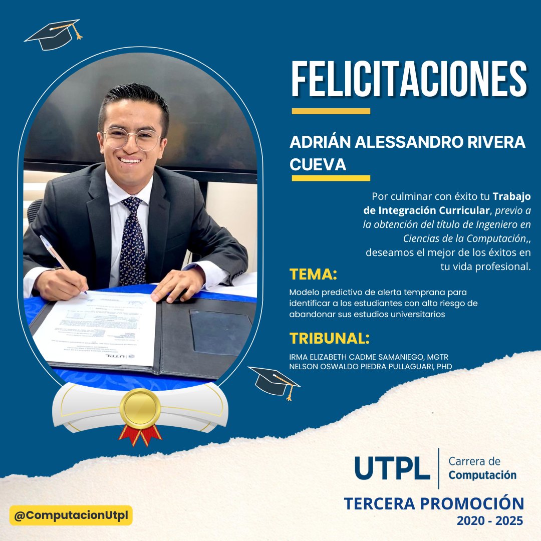 🎓🚀 ¡El esfuerzo y la perseverancia dan frutos! Felicidades a Adrián Alessandro Rivera Cueva por defender con éxito su Trabajo de Integración Curricular. ¡Muchos éxitos en su camino! 💡💻 #ComputaciónUTPL #Loja <a href="/utpl/">🎓 UTPL</a> <a href="/nopiedra/">Nelson Piedra 🇪🇨🇺🇦</a> <a href="/Elizita/">Eli Cadme</a>