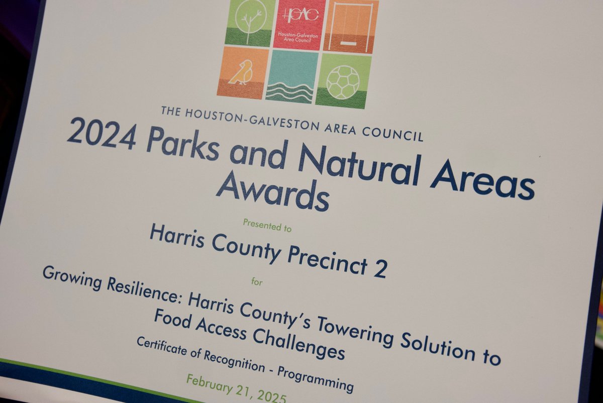 HarrisCoPct2's tweet photo. Commissioner Garcia and the Precinct 2 parks team received TWO special recognitions from the @HouGalvAreaCog for our Grow Tower initiative and Agents of Discovery in PCT2 parks. We’re honored to be recognized and excited to continue bringing innovative programs to our community! https://t.co/R9Aousjc3T