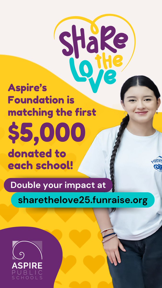 🚨 Aspire’s Foundation is matching the first $5,000 donated to each of our schools! That means your generosity goes twice as far.💙

From college field trips to new play structures—your gift makes a difference. Double your impact today: sharethelove25.funraise.org/teams