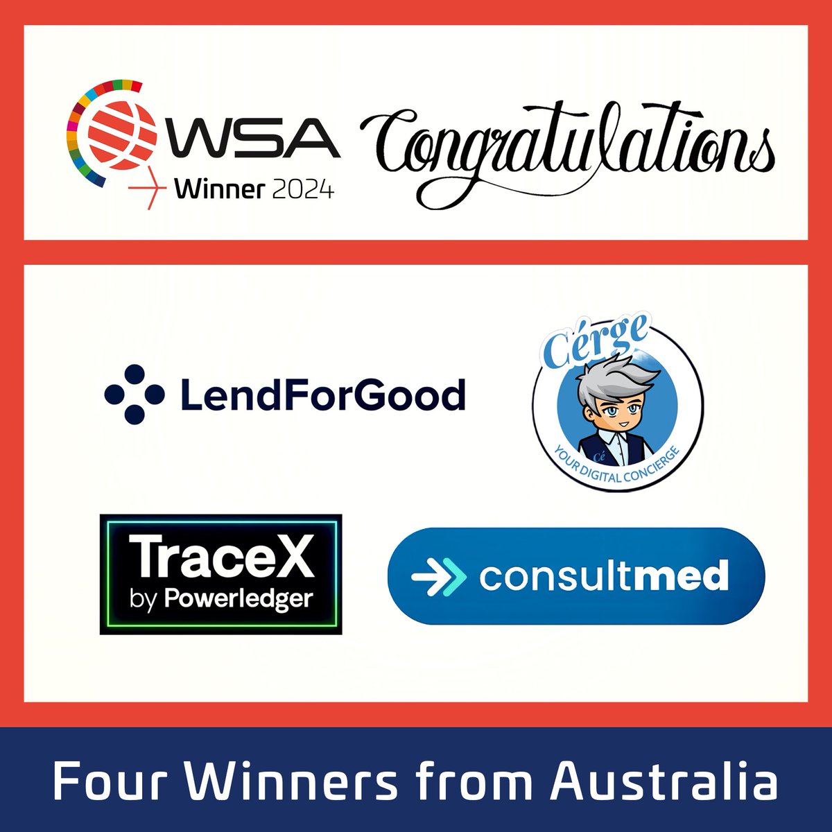 Australia shines with 4 Global Winners at the World Summit Awards 2024 the most from any country this year! 🎉

🏆 LendForGood
🏆 Consultmed
🏆 Cérge 
🏆 TraceX by Powerledger

“This is a historic moment for Australia!”– <a href="/SachiWickramage/">𝒮𝒶𝒸𝒽𝒾 𝒲𝒾𝒸𝓀𝓇𝒶𝓂𝒶𝑔𝑒</a>, WSA Australia National Expert  

#UN #SDG