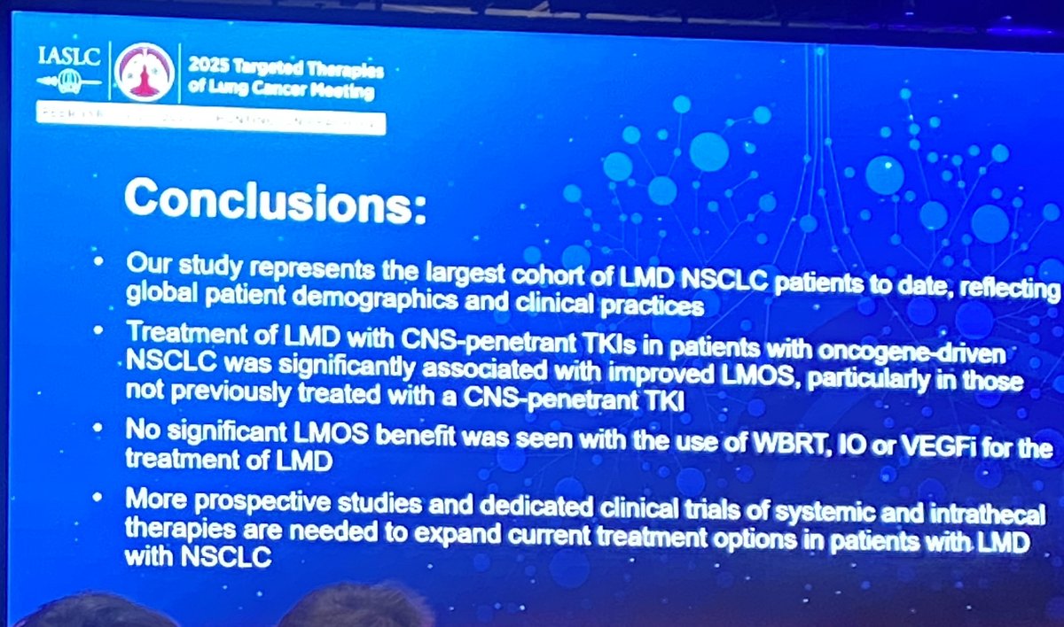 Sarah Waliany, MD, MS (@swaliany) on Twitter photo Congrats to <a href="/KelseyPanMD/">Kelsey Pan, MD, MPH</a> for her fantastic oral abstract talk #TTLC25 on outcomes in pts w/ LMD from NSCLC. Key finding was improvement in OS w/ CNS-penetrant TKIs in pts w/ NSCLC with oncogenic drivers. Incredibly important multi-institutional study addressing a huge unmet need Congrats to <a href="/KelseyPanMD/">Kelsey Pan, MD, MPH</a> for her fantastic oral abstract talk #TTLC25 on outcomes in pts w/ LMD from NSCLC. Key finding was improvement in OS w/ CNS-penetrant TKIs in pts w/ NSCLC with oncogenic drivers. Incredibly important multi-institutional study addressing a huge unmet need