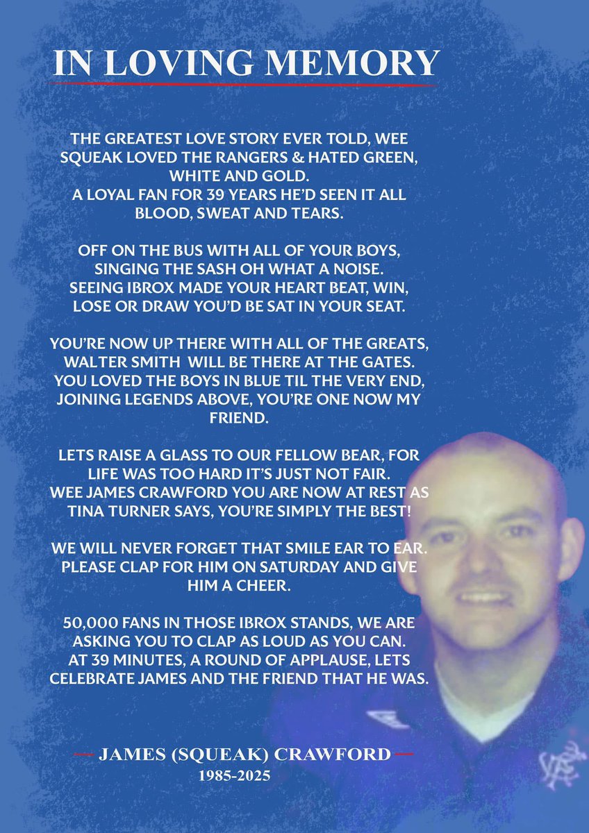 samdavisjnr's tweet photo. Sharing again for the local lads that have lost one of their own. Please join in if you’re at Ibrox tomorrow. https://t.co/TkZZKe7i8Z