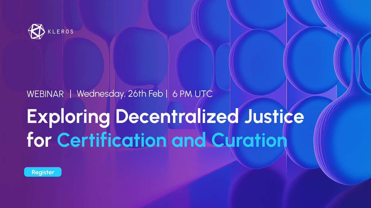Kleros (@kleros_io) on Twitter photo ⚖️WEBINAR | EXPLORING DECENTRALIZED JUSTICE FOR CERTIFICATION AND CURATION ✅
Kleros is redefining how industries build trust through decentralized dispute resolution.
Join us on February 26 for a 1‑hour webinar featuring:
• Mike Tango Bravo <a href="/MTB_eth/">miketangobravo.eth</a> – Director of ⚖️WEBINAR | EXPLORING DECENTRALIZED JUSTICE FOR CERTIFICATION AND CURATION ✅
Kleros is redefining how industries build trust through decentralized dispute resolution.
Join us on February 26 for a 1‑hour webinar featuring:
• Mike Tango Bravo <a href="/MTB_eth/">miketangobravo.eth</a> – Director of