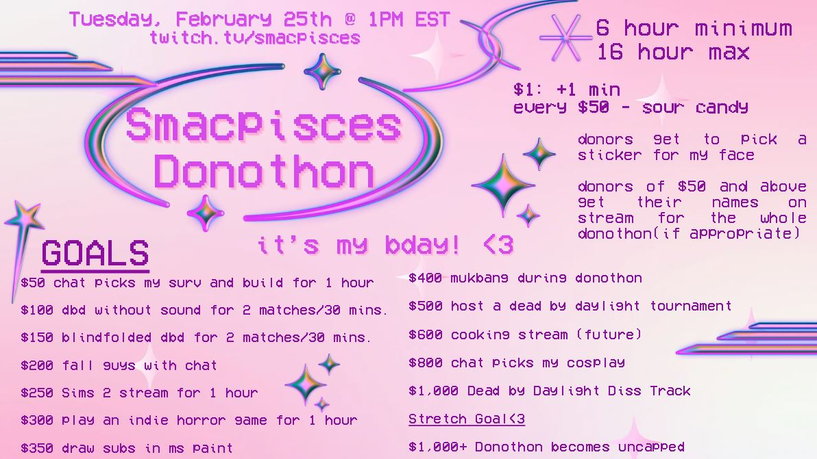 Smacpisces's tweet photo. 🌺I'm doing a donothon stream to celebrate my bday on Tuesday the 25th at 1PM EST!  🩷🥳

🌺I've never done one of these before, so if there are technical difficulties, bare with me! but im super excited for it, and i hope to see you guys there 🥺 https://t.co/Cxj4sBcIFi