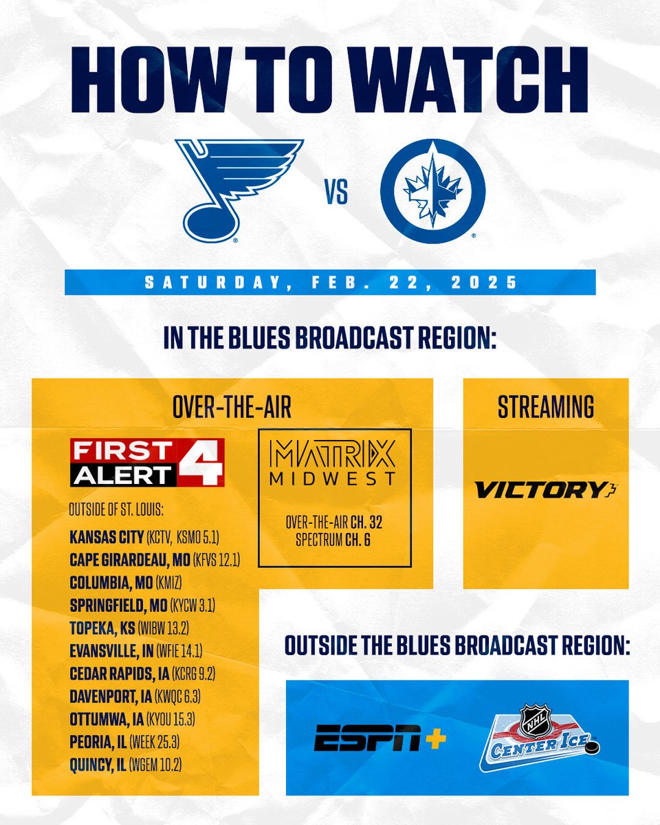 I’m very excited for the Blues stretch run and the final 26 games of the regular season. Don’t forget tomorrow night’s game is available on First Alert 4 and these other outlets. Tune in at 6:00!