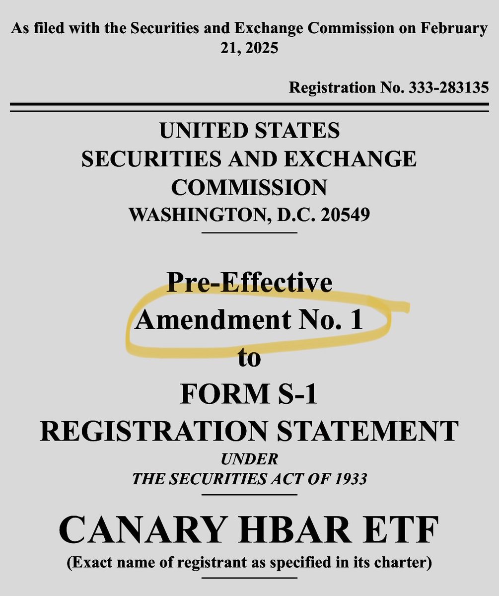 EricBalchunas's tweet image. Interesting: Canary just filed an amended S-1 for their HBAR ETF, usually you only amend after comments from SEC. This echoes Litecoin, which also did ammendment. In flip, no 19b-4 yet. Need that to get that going.