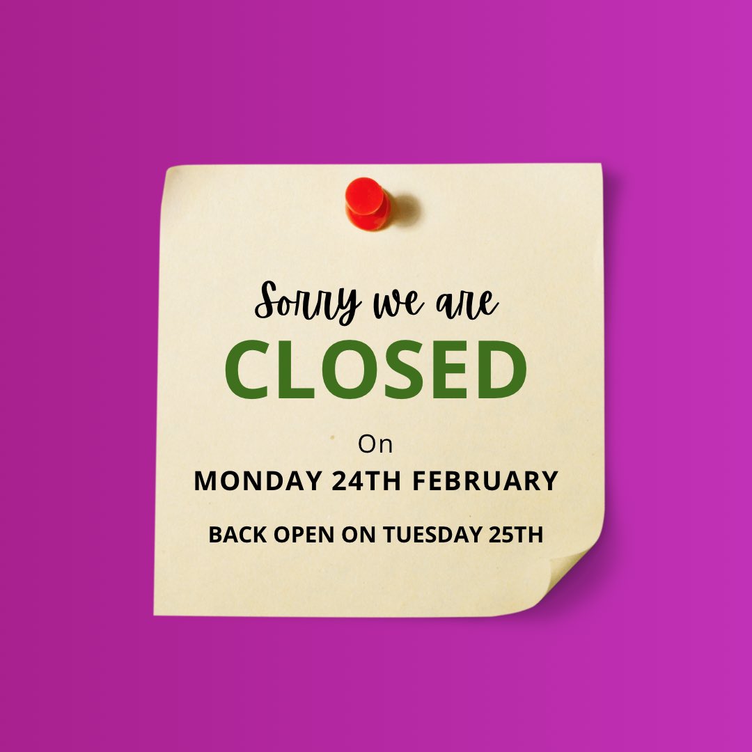 NOTICE: Due to attending a trade show to find lots of exciting new products we will be closed on Monday. We apologise for any inconvenience.
#closed #openingtimes