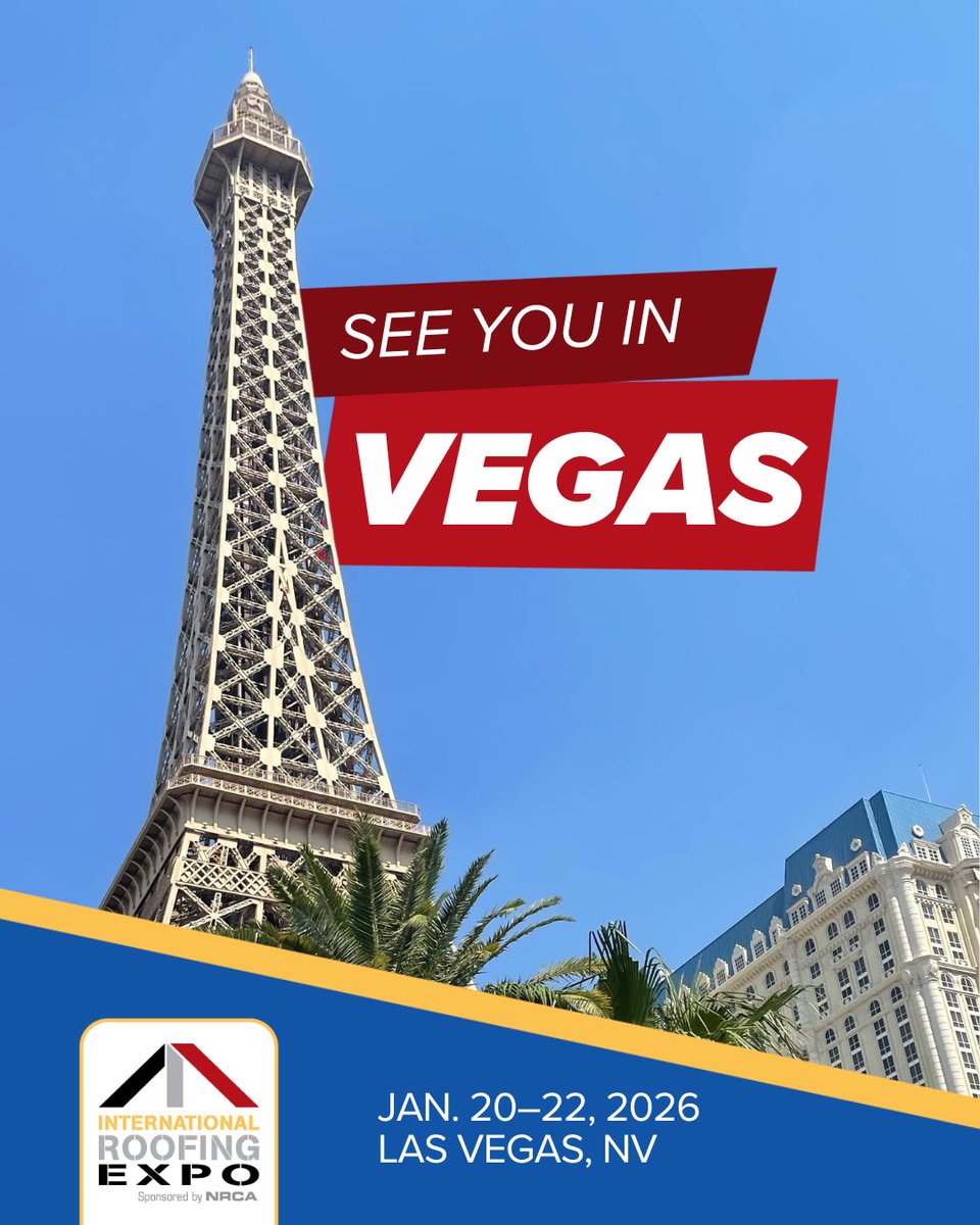 RoofingExpo's tweet image. 🌴 Viva Las Vegas 🌴 The 2026 International Roofing Expo will be at the Las Vegas Convention Center January 20-22, 2026!

Save the date and sign up for our mailing list at theroofingexpo.com/en/forms/atten… to stay in the know. #RoofingExpo #Roofing #Exteriors