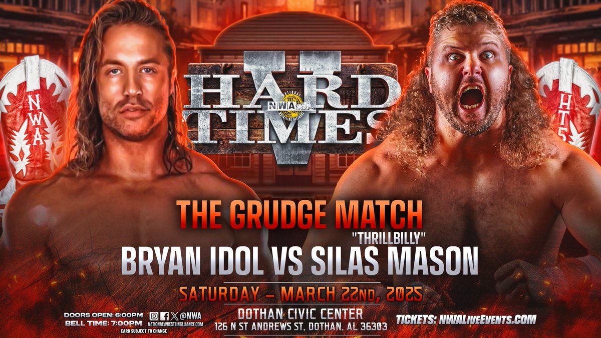 If you're caught up on NWA POWERRR, you know this HAS to happen.

March 22nd the NWA returns to Dothan, AL for HARD TIMES V &amp; The Grudge Match is on!

It's Idol vs Mason &amp; TICKETS ARE ON SALE NOW!
tixr.com/groups/dcc/eve…

<a href="/thebryanidol/">Bryan Idol</a> <a href="/ThrillbillyTCB/">Silas Mason</a>