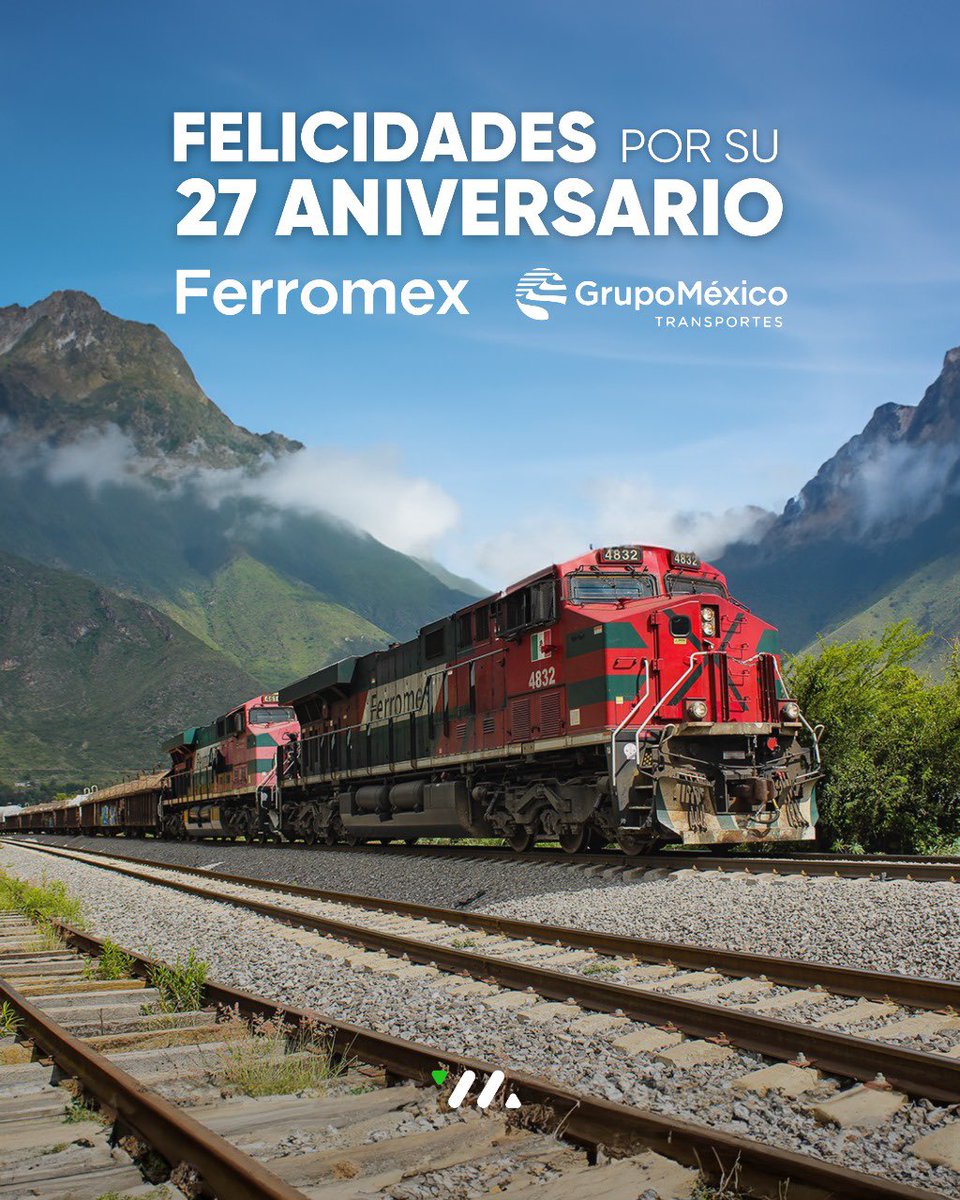 ¡Felicidades,<a href="/Ferromex/">Ferromex GMXT</a>! 27 años de trayectoria impulsando el desarrollo logístico y económico de México. Con cada kilómetro recorrido, han demostrado que la eficiencia y la innovación son clave para conectar industrias y mercados. ¡Por muchos años más sobre las vías del progreso!