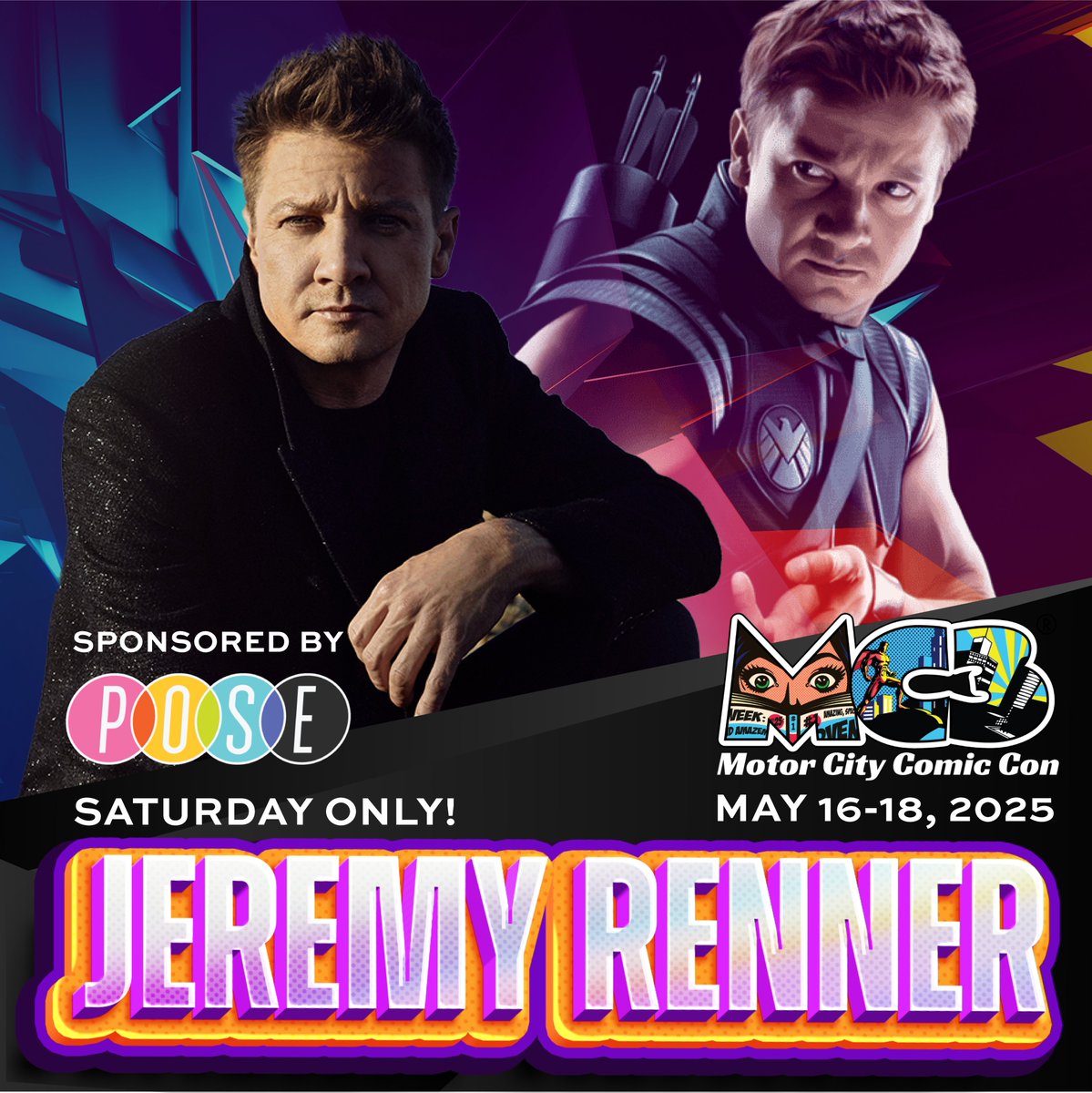 MotCityComicCon's tweet photo. 🎯 Guest Announcement! 🎯 We’re excited to welcome #JeremyRenner, the legendary #Hawkeye from the Marvel Cinematic Universe, to #MotorCityComicCon, Saturday May 17! 

Photo ops, autographs and VIP packages now available at https://t.co/St2Zp0CfOI https://t.co/erqEp0utQW