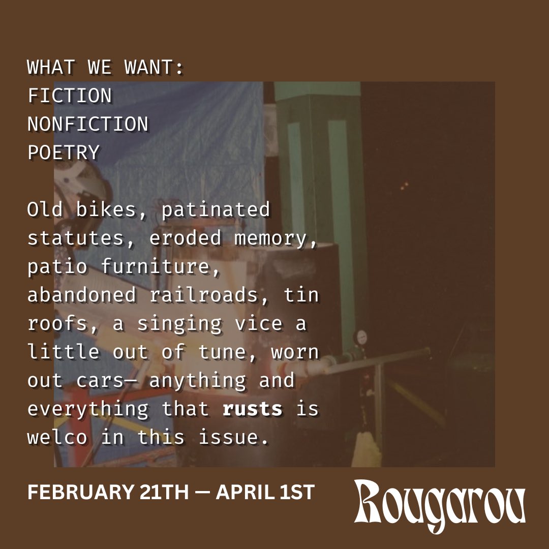 Our Submissions have opened! Accepting Poetry, Fiction, and Creative Nonfiction. Submissions will be open until April 1st.
rougarou.org/submit/