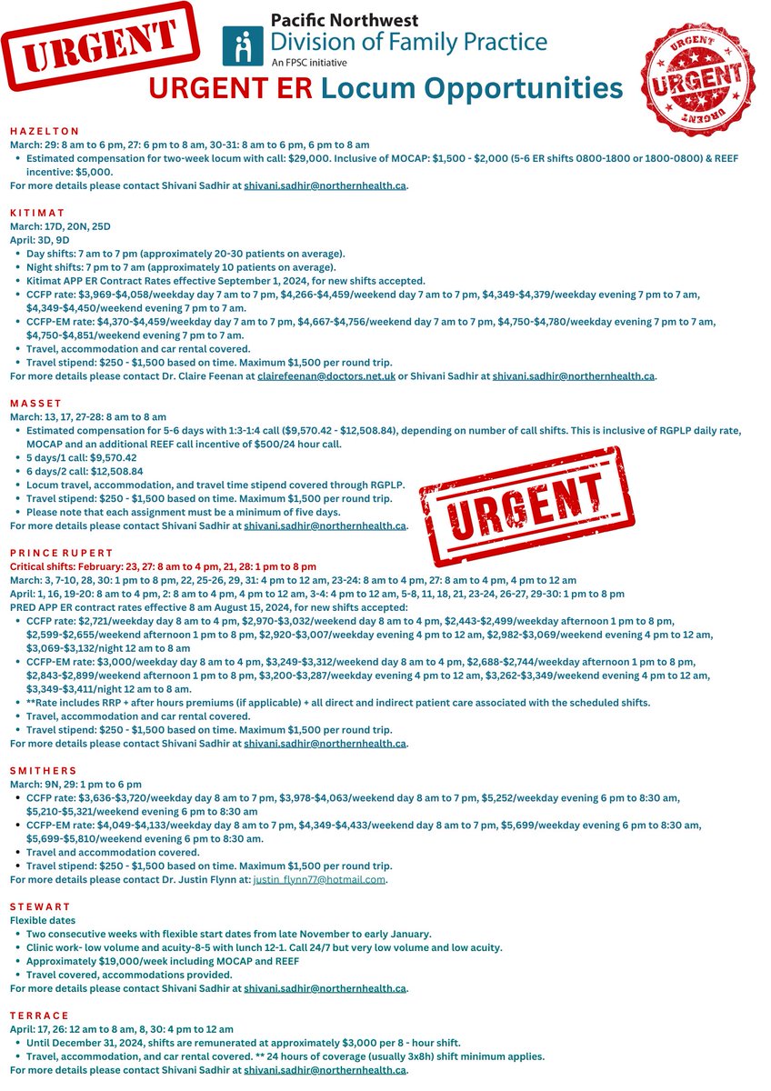 PNW DoFP Locum Network (@pnwlocumnetwork) on Twitter photo URGENT ER #LOCUM #PHYSICIANS NEEDED IN THE <a href="/PNWDivision/">PacificNorthwest DFP</a>!
physicians.northernhealth.ca/newsroom/nh-ur…
#familyphysicians #emergencymedicine #familydoctors #doctors #generalpractitioner URGENT ER #LOCUM #PHYSICIANS NEEDED IN THE <a href="/PNWDivision/">PacificNorthwest DFP</a>!
physicians.northernhealth.ca/newsroom/nh-ur…
#familyphysicians #emergencymedicine #familydoctors #doctors #generalpractitioner