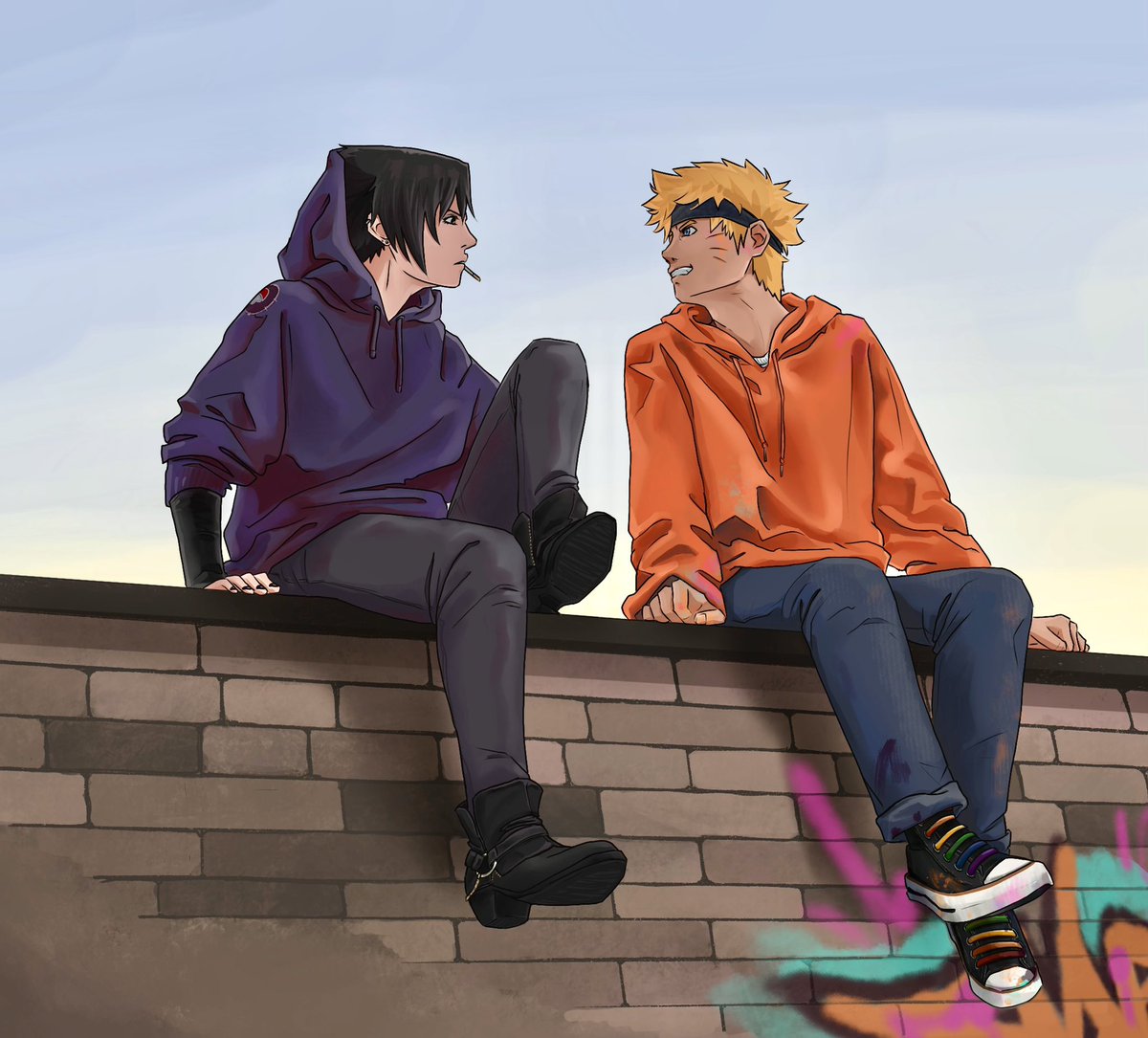 Almightyshadowc's tweet image. Two delinquents run into each other skipping class 😌 (Next they’re gonna go egg Superintendent Shimura’s house, and along the way maybe fall in love?? 😳🫣)

#sasunaru #narusasu #sns
