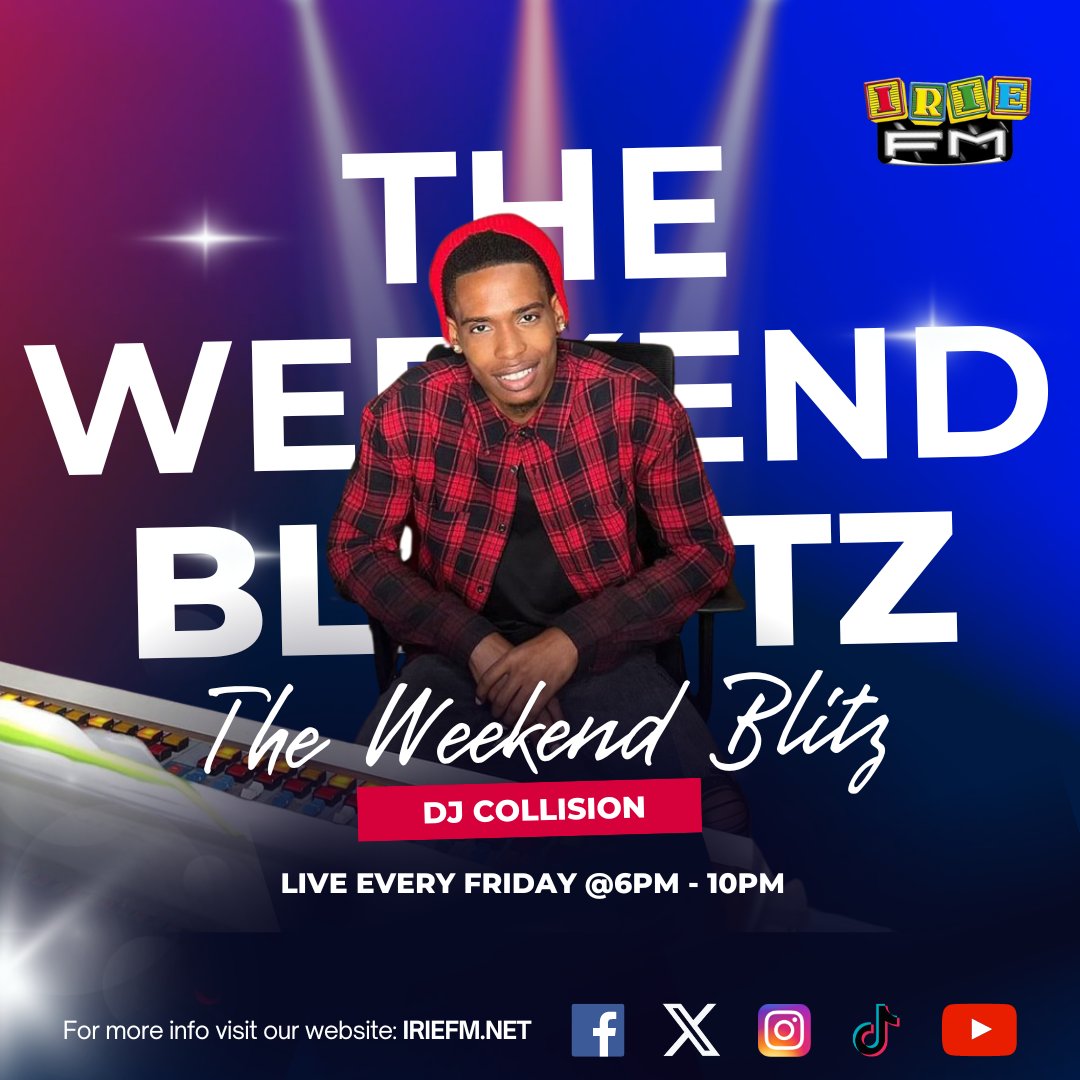 IRIE_FM's tweet photo. DJ Collision is live on IRIE FM with #TheWeekendBlitz! Tune in now to catch the hottest tracks and electrifying vibes. Perfect your weekend playlist with these hits. Don’t miss out! @djcollision #DJCollision #IRIEFM #WeekendVibes https://t.co/duzHSsRUoa