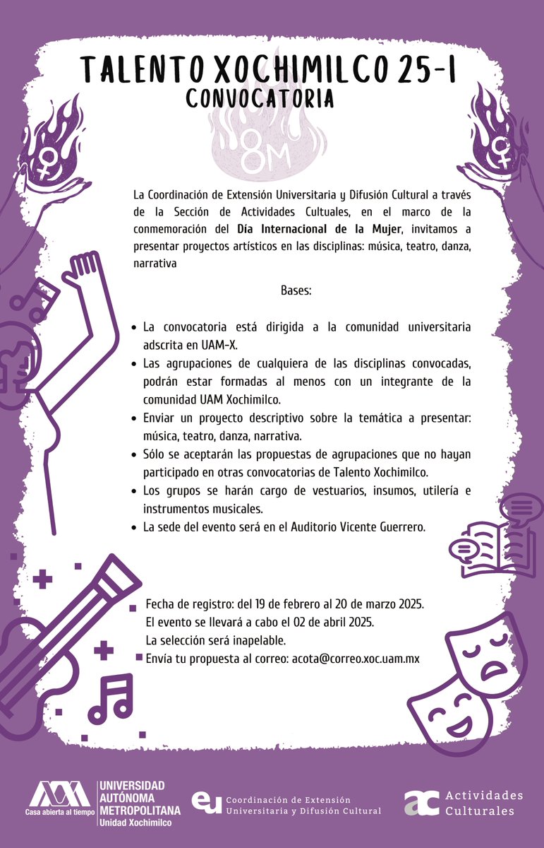 uamxoficial's tweet photo. 💜✨En el marco del 8M - Día Internacional de la Mujer, la #UAMX te invita a participar en este programa 🎭🎶🎨.
📅 Inscripciones: 19 feb - 20 mar 2025
📩 Registro: acota@correo.xoc.uam.mx
#8MUAM #DíaInternacionalDeLaMujer #ComunidadUAM #SiempreHayAlgoQueHacerEnLaUAMX https://t.co/Qd4t85WhLV