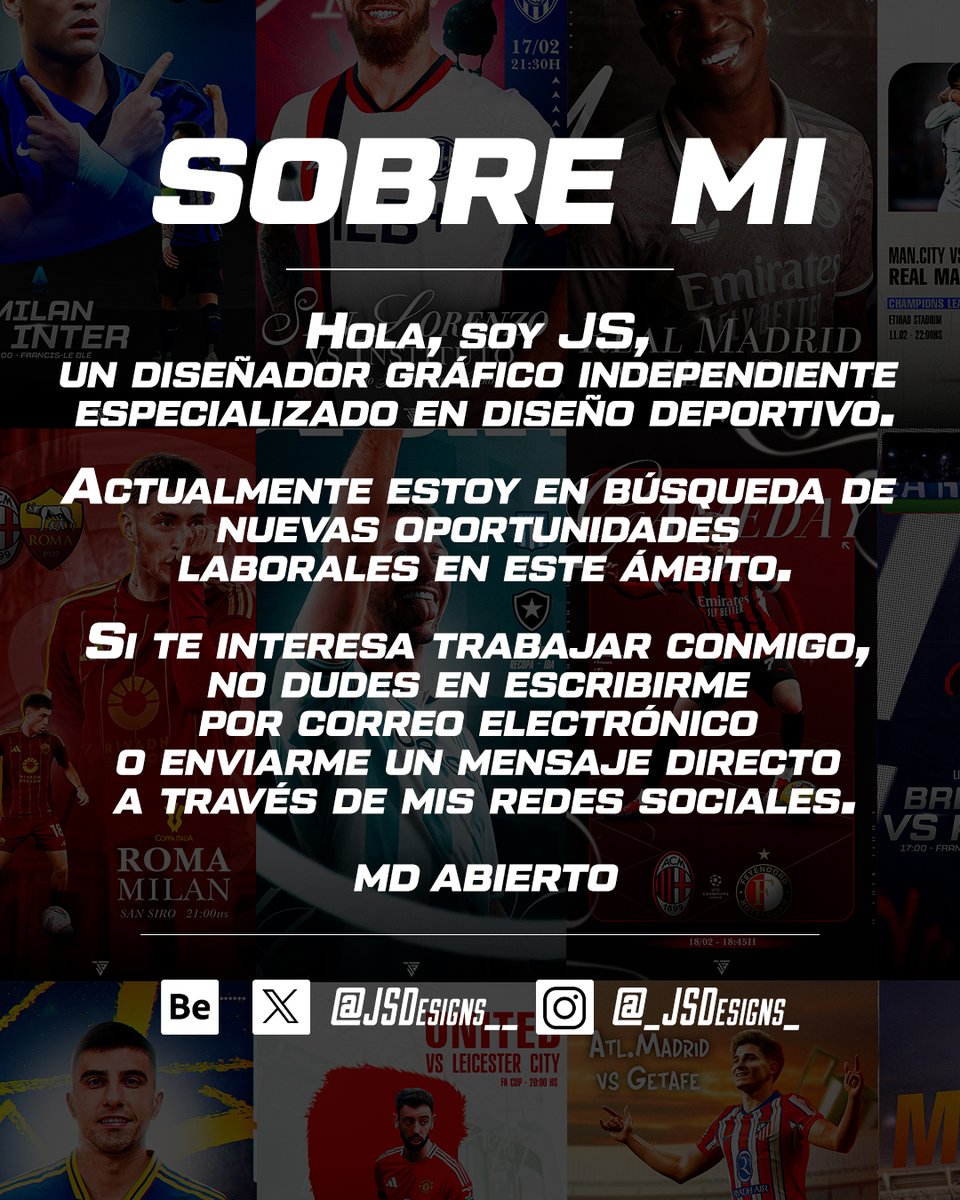 JSDesigns__'s tweet image. 🎨💻

Hola, estoy buscando oportunidades de trabajo en mi área de diseño. Si saben de alguna vacante o proyecto, me encantaría formar parte!

Mi portafolio y redes están en la imagen y mi bio. Agradezco mucho si pueden compartir. ¡Cualquier ayuda significa mucho! 🙏

#SMSports