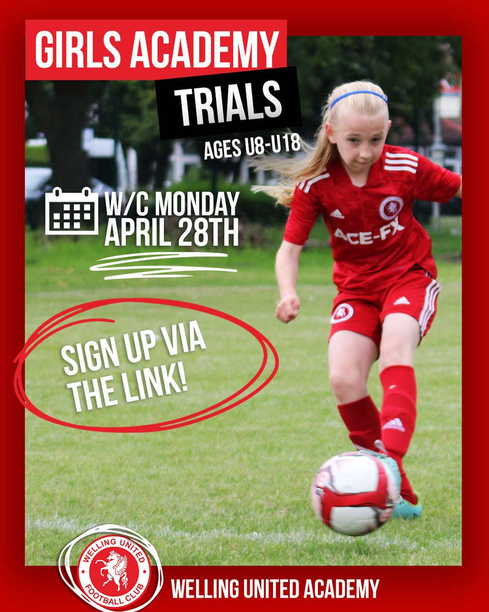 📢 Could you be the future of women's football and @wellingutdwfc? 🫵

We're holding girls academy trials on the week commencing Monday, April 28th for all ages between U8 and U16.

🔗✍️Sign up here: docs.google.com/forms/d/e/1FAI…

#wearewings @WellingGirls