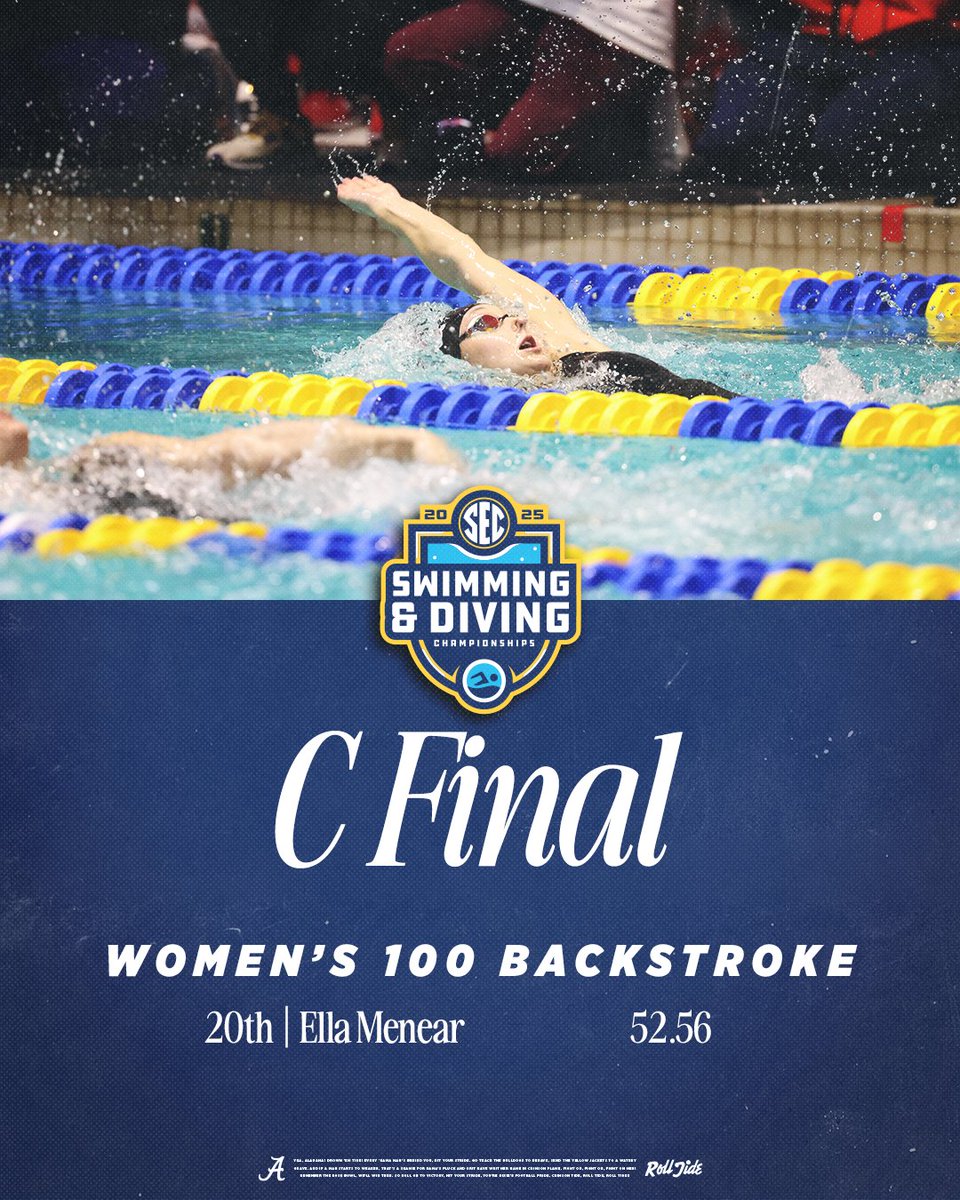 AlabamaSwimDive's tweet photo. Ella Menear powers into the wall to capture a time of 52.56 in the 100 back! 

#RollTide #BamaVsEveryone https://t.co/7DnRRWO2qh