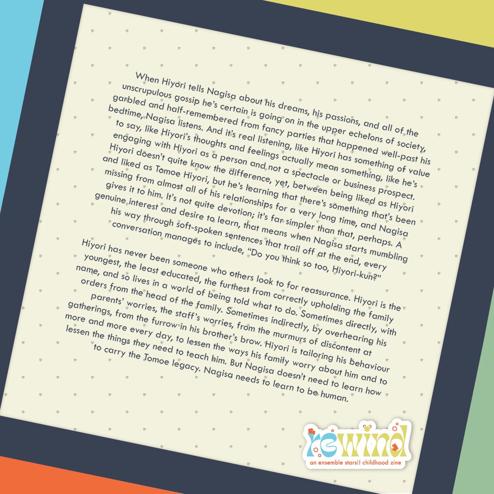 the preorder period for <a href="/ESrewindzine/">REwind: An Enstars Childhood Zine 🧸 POs Open</a> has been extended to 6th march! and i am delighted to get to share an extract from my piece with you! 

proceeds go to the palestinian children's relief fund and the kodomo mirai project! you can grab your copy here:
esrewindzine.bigcartel.com