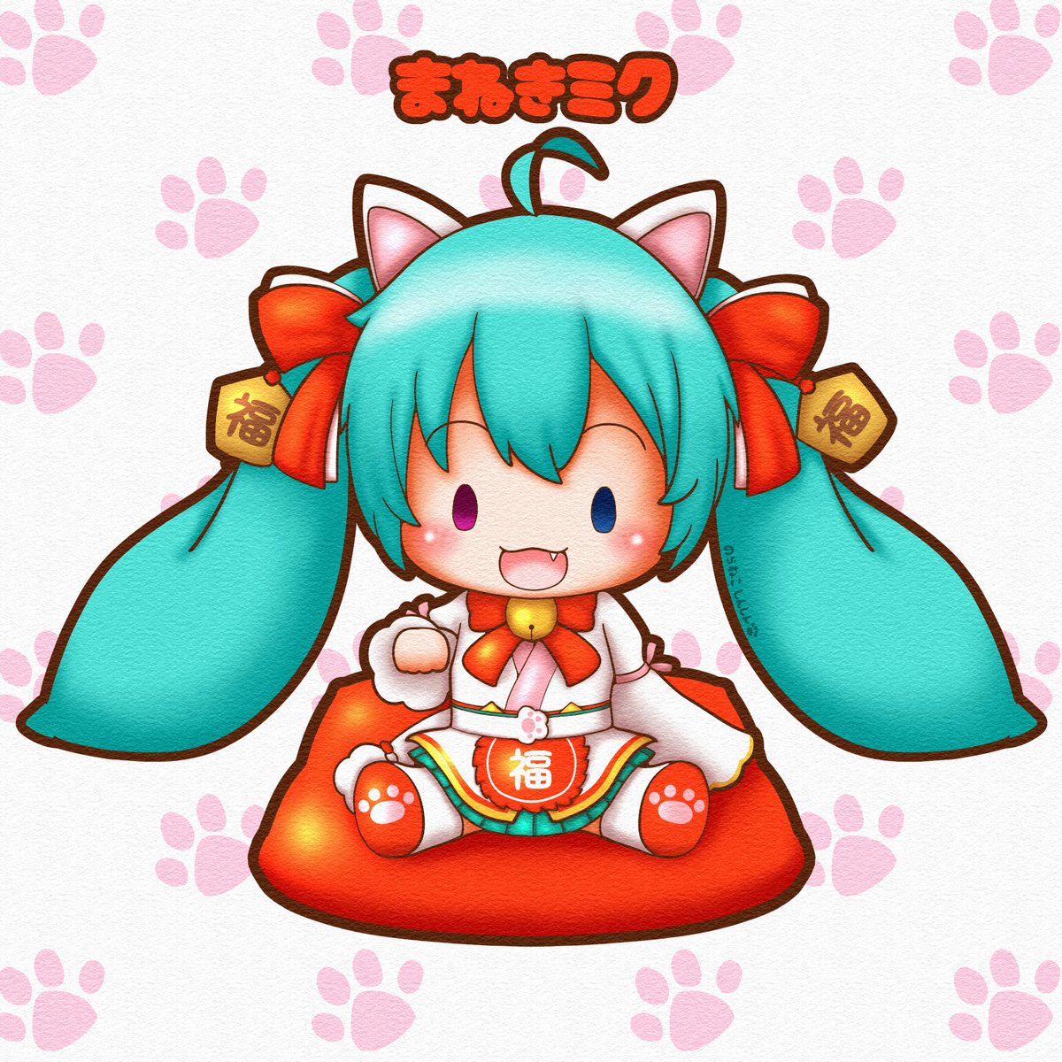 初音ミク「今日は #猫の日 招き猫なミクちゃん、「招きミク」を描きました招きミクちゃんねん」|野良猫しんしんのイラスト