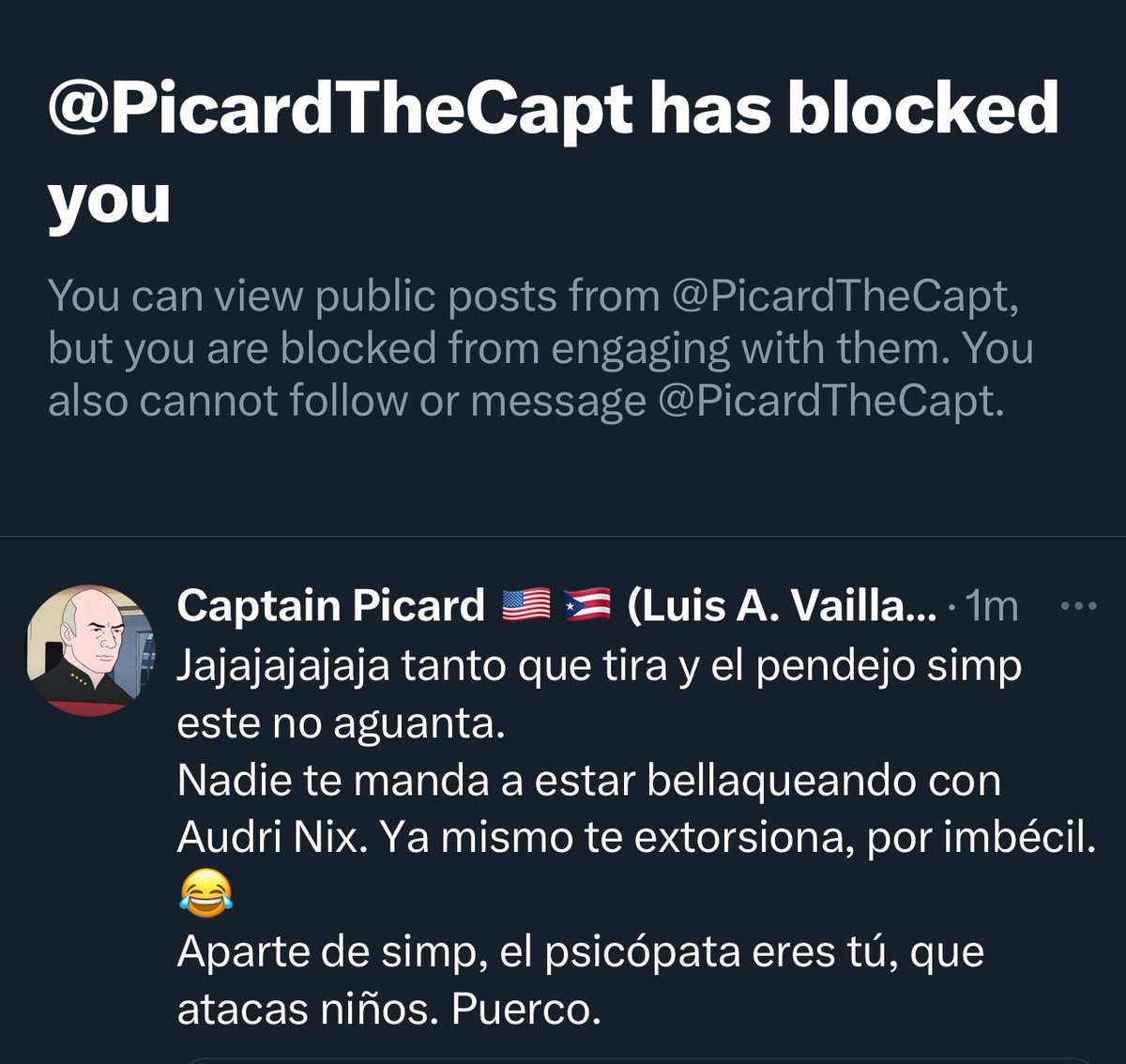 Pero Luis, deja de esconderte detrás tu hija y se hombre. Tienes que registrar tus selfies y usar a tu hija para defenderte porque no soportas el bullying que te hacen en las redes. Eres un pendejo sin cojones. Vete ahora a donde la licenciada Velez a llorar o al cuartel 😂😂