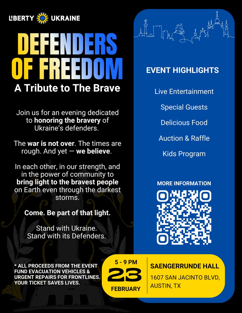 LibertyUkraineF's tweet photo. This Sunday | Feb 23 | Austin, TX

Your presence is more than attendance - it’s a powerful thread to Ukraine’s Heroes

🎟️ Ticket link: https://t.co/0i9AQBcsMH

#weareukraine #defendersoffreedom #standwithukraine #libertyukraine #atxevents 
2m https://t.co/LeqJq8xZNN