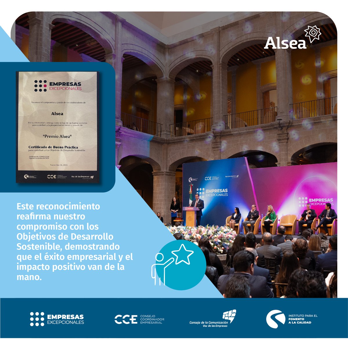 ¡En Alsea seguimos generando cambios positivos! 🏆

Recibimos el Reconocimiento “Empresas Excepcionales” por nuestro proyecto “Premio Alsea”, como buena práctica, otorgado por el <a href="/cceoficialmx/">Consejo Coordinador Empresarial CCE</a> , <a href="/VozDLasEmpresas/">Voz de las Empresas</a>  y el <a href="/premiocalidad/">Instituto para el Fomento a la Calidad</a> . 💙

#SomosAlsea #EmpresasExcepcionales