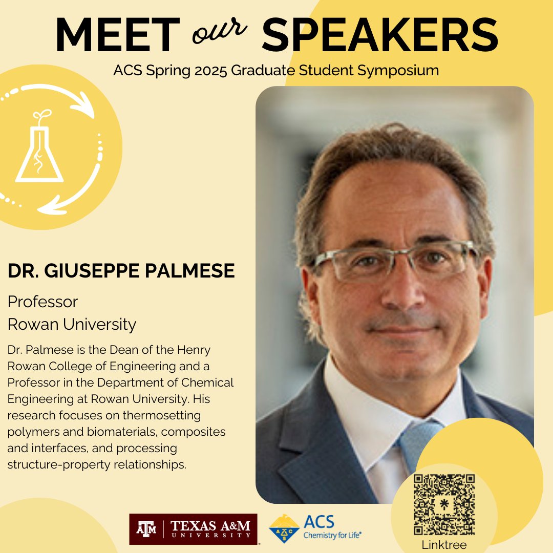 tamugsspc's tweet image. We are honored to host Dr. Giuseppe Palmese at our upcoming symposium!
Stay tuned to meet more of our speakers! #acs #gsspc #tamuchemistry