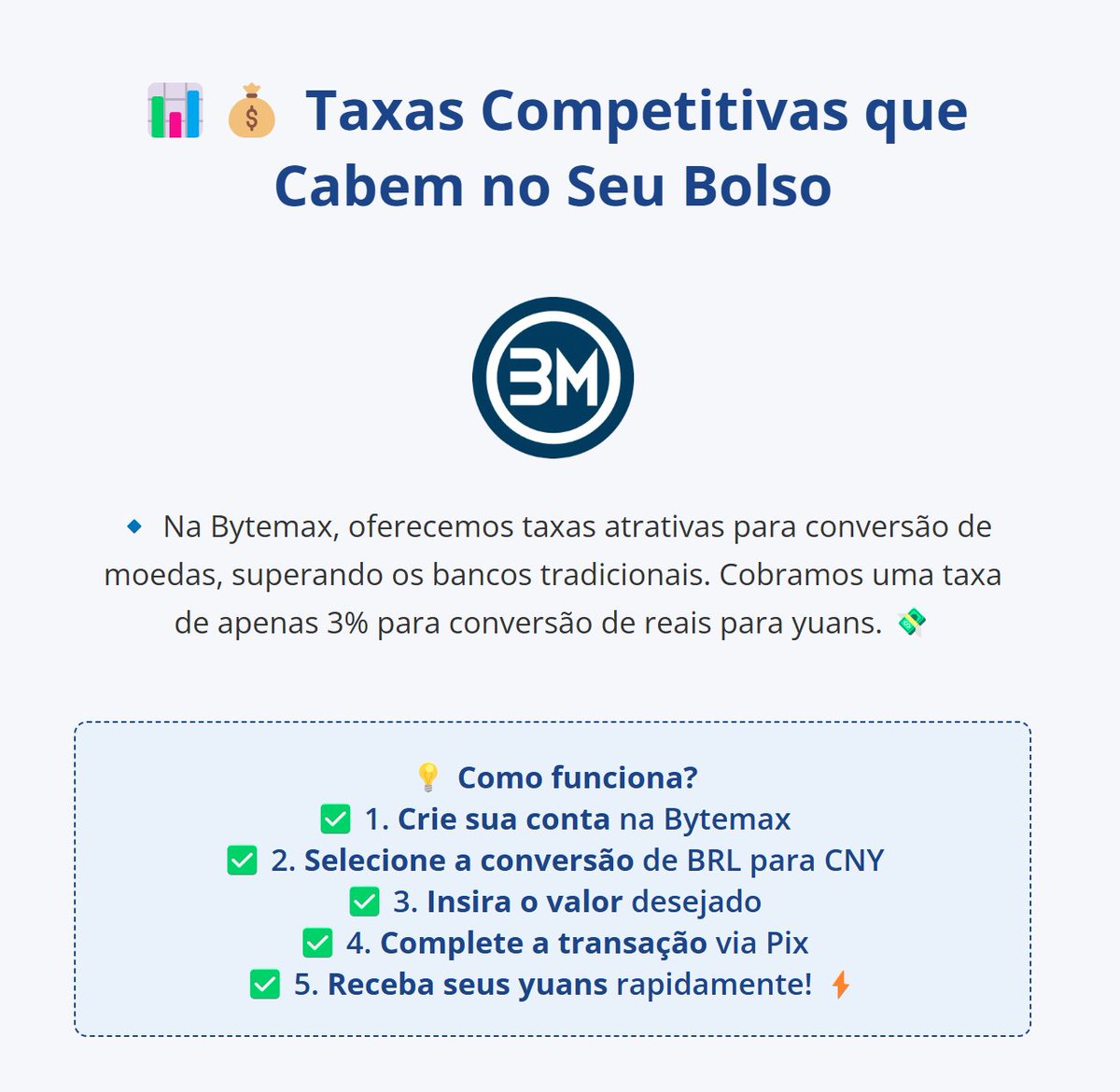 ByteMaxExchange's tweet photo. 📊Taxas Competitivas que Cabem no Seu Bolso

🔹 Na Bytemax, oferecemos taxas atrativas para conversão de moedas, superando os bancos tradicionais. Cobramos uma taxa de apenas 3% para conversão de reais para yuans. 💸

📣 Compare nossas taxas e comece a economizar hoje mesmo! 🎯 https://t.co/E9UMXrZtss