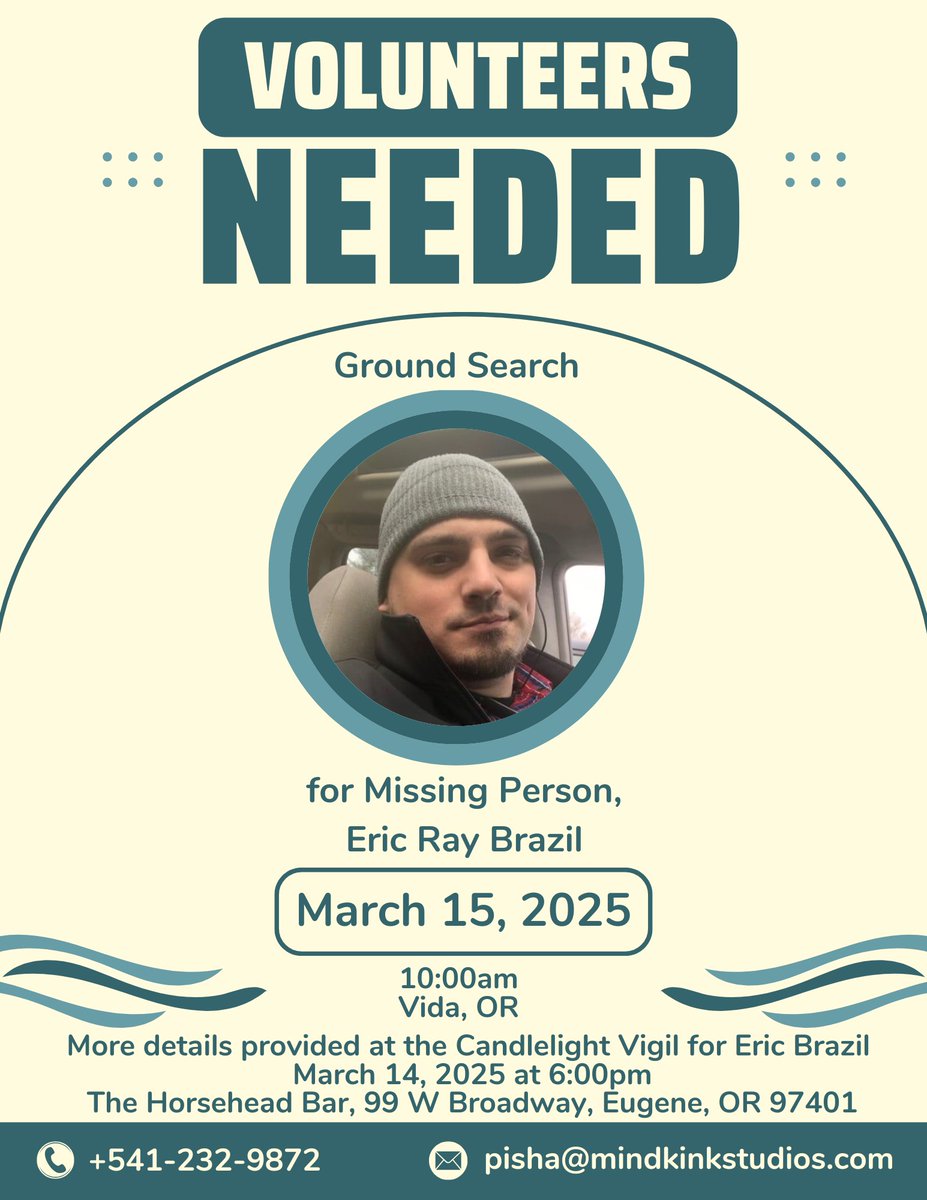 jenbucholtzPI's tweet image. Anyone in/near Oregon! My teammate needs help with a ground search in Vida, OR at 10am, March 15. This search is for missing person Eric Brazil. Please see (and share) the flyer below for more info and Patricia's contact info. @BreakTheCaseNP