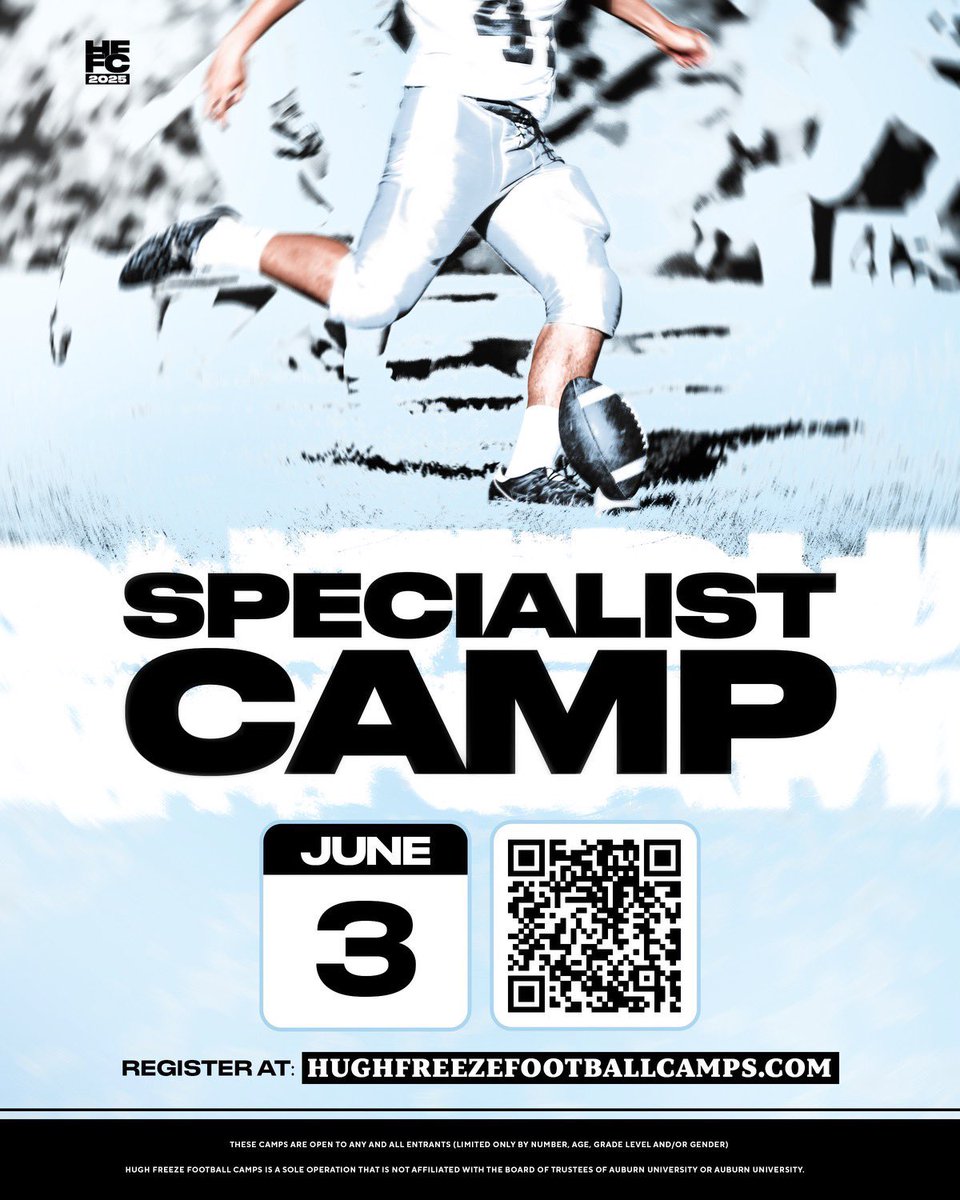 SPECIALIST CAMP JUNE 3rd!! LETS WORK‼️ WAR DAMN EAGLE🦅

HUGHFREEZEFOOTBALLCAMPS.COM