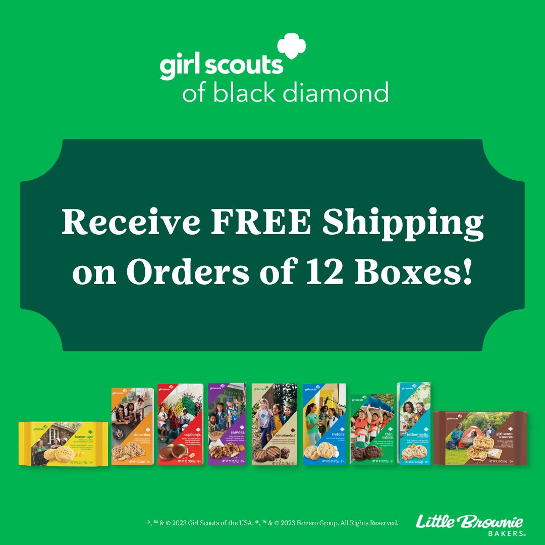 ✨🍪 FREE SHIPPING Alert!
 
Order 12 boxes of Girl Scout Cookies online from February 21-23 and get FREE SHIPPING! 🚚💨 Buy now at girlscouts.info/cookies
 
#GirlScouts #GirlScoutCookies #GirlScoutCookieSeason #BuyNow