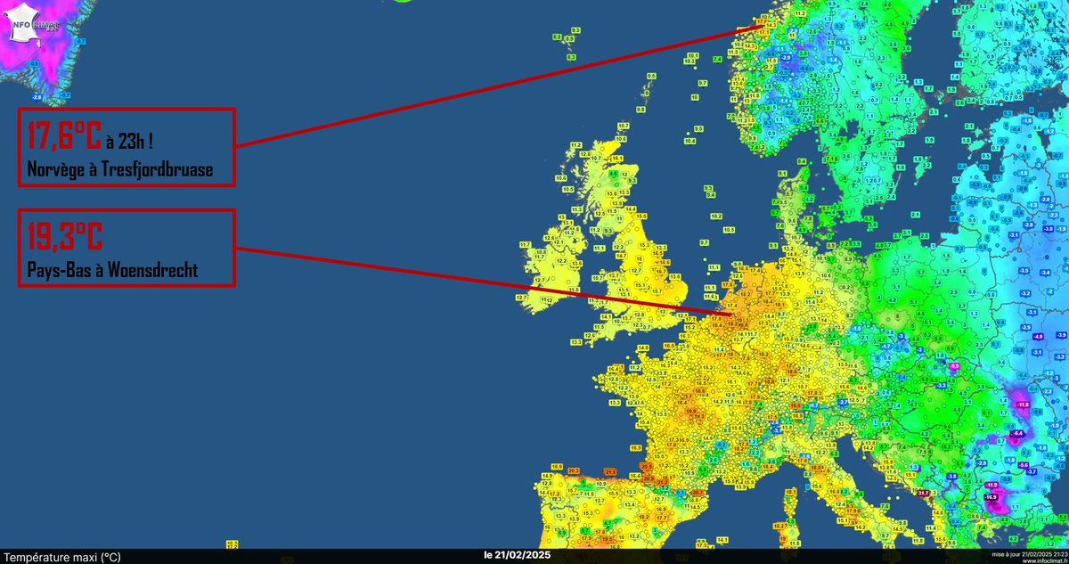 SergeZaka's tweet photo. Toujours dans ce délire complet, il fait actuellement près de 18°C en Norvège à 63°Nord à 23h.
Alors qu'en Belgique et aux Pays-Bas, on s'est approché des 20°C un 22 février.
Classique.
🫥 https://t.co/08cAI8REEL