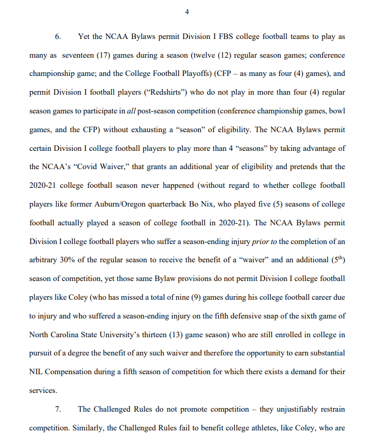 And here's another eligibility-related lawsuit against the NCAA.

NC State football player Corey Coley Jr. has filed a lawsuit seeking a fifth year of eligibility based in part on a raft of injuries he suffered during his four years at NCSU and Maryland. drive.google.com/file/d/1gHsdvB…