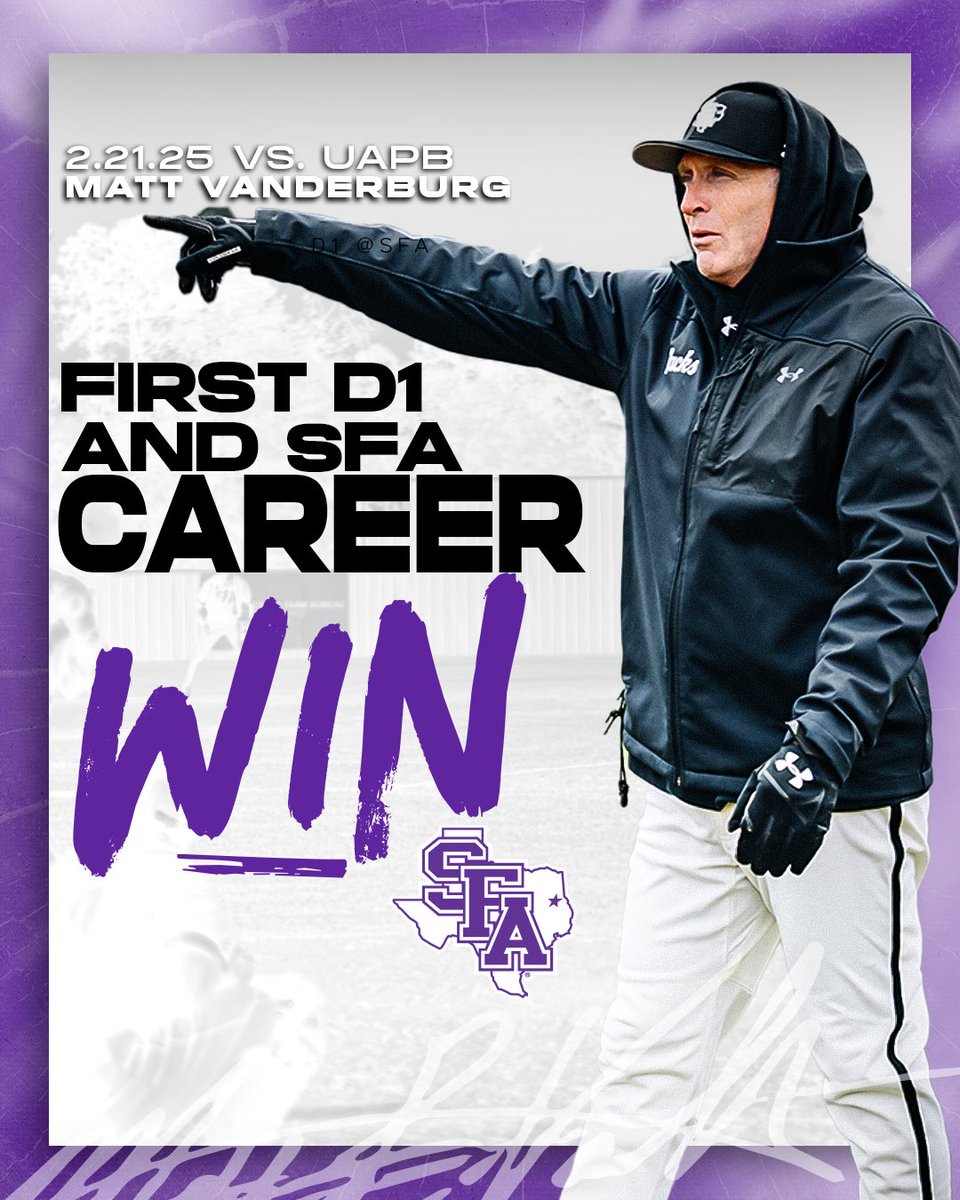 Lumberjack Baseball (@sfa_baseball) on Twitter photo Career Win 615 ⏩ First of many at SFA and at the D1 level. 
Congratulations Head Coach Matt Vanderburg on your first win at SFA and your first win at the Division one level! 
#AxeEm Career Win 615 ⏩ First of many at SFA and at the D1 level. 
Congratulations Head Coach Matt Vanderburg on your first win at SFA and your first win at the Division one level! 
#AxeEm